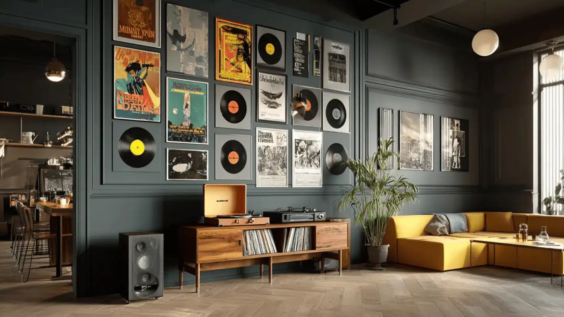 a room with retro posters