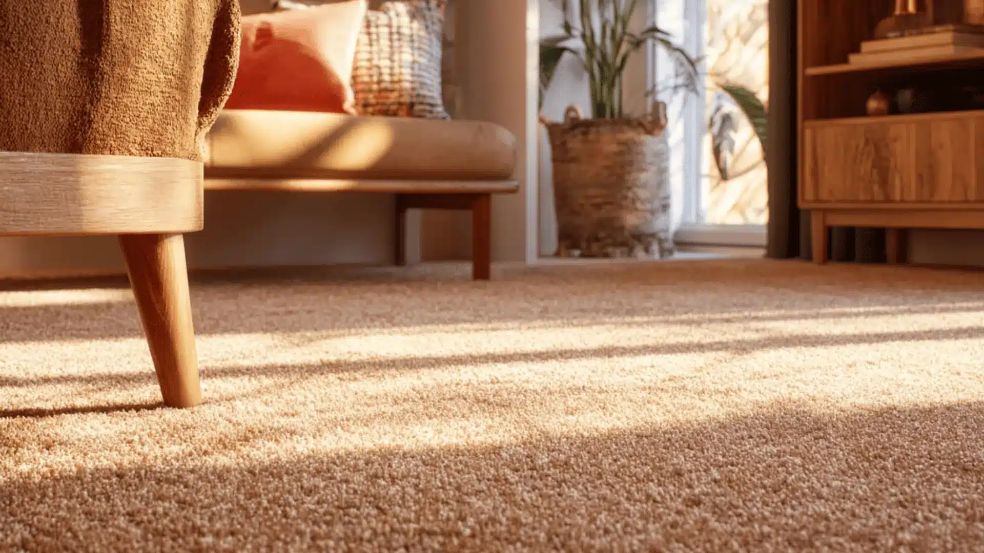 a terracotta carpet with wood and rattan accents in a warm retro space.