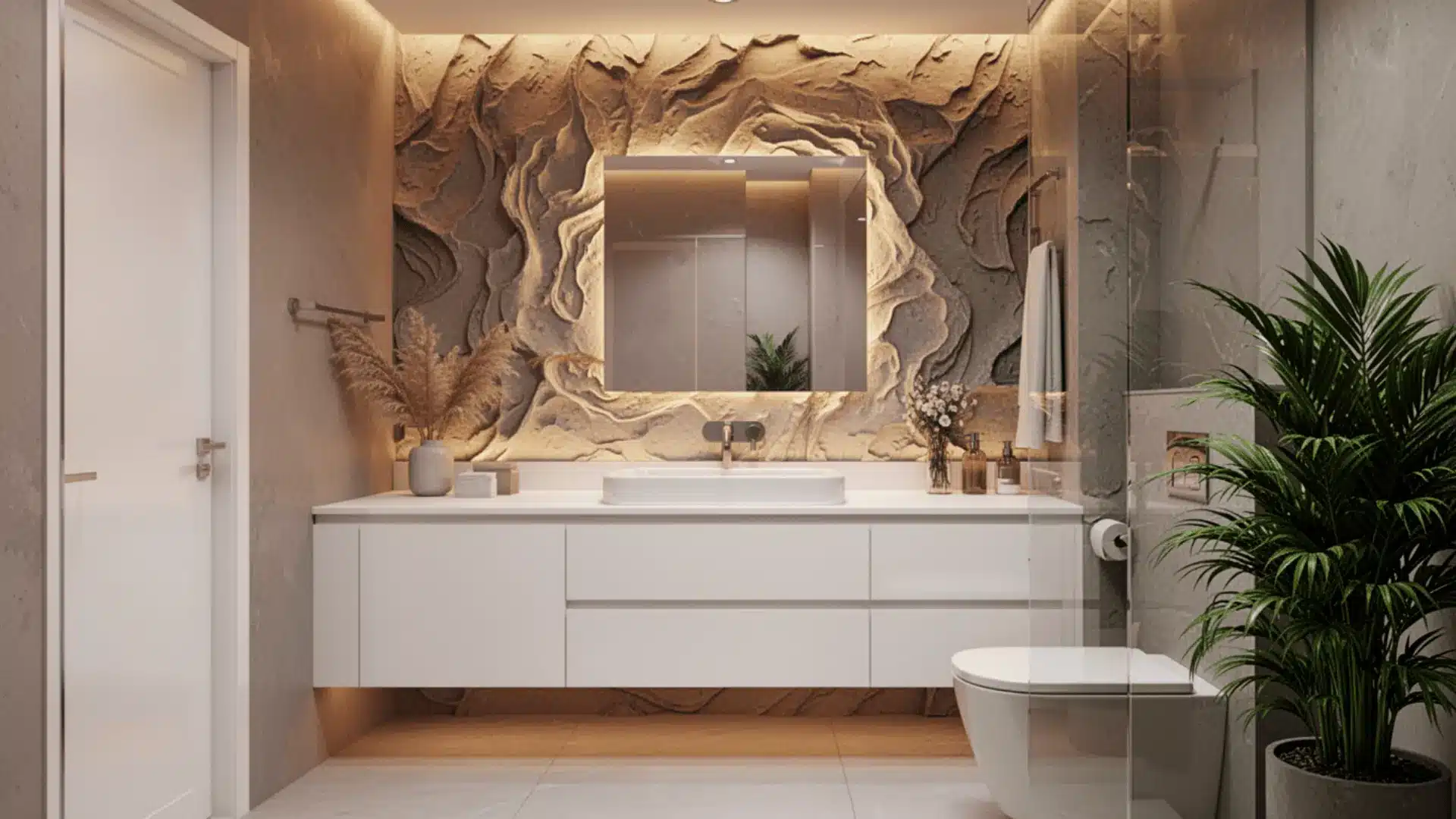 A modern bathroom featuring a large mirror, a vibrant accent wall, and a potted plant for a fresh touch.