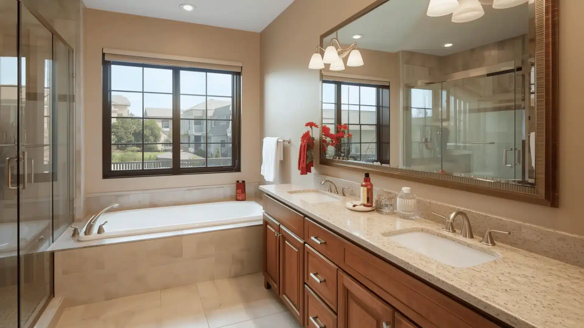 Bright ensuite bathroom with double vanity, two sinks, granite counter, large mirror, soaking tub, and glass shower, with daylight.