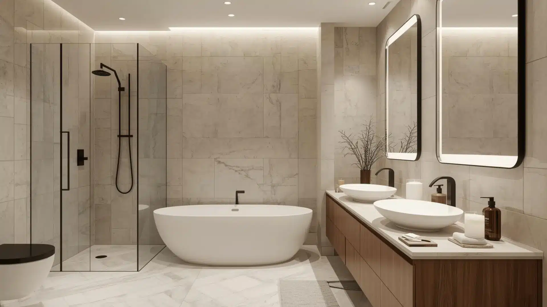 Modern ensuite bathroom featuring a spacious tub and a sleek shower, showcasing contemporary design elements.