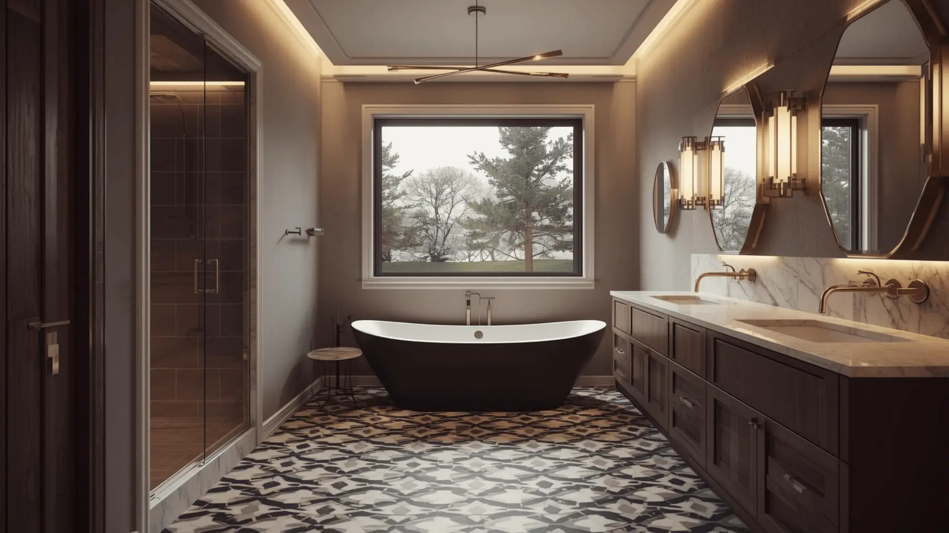 Ensuite bathroom with bold patterned floor tiles, a dark vanity, a freestanding tub, a glass shower, and warm wall sconces.
