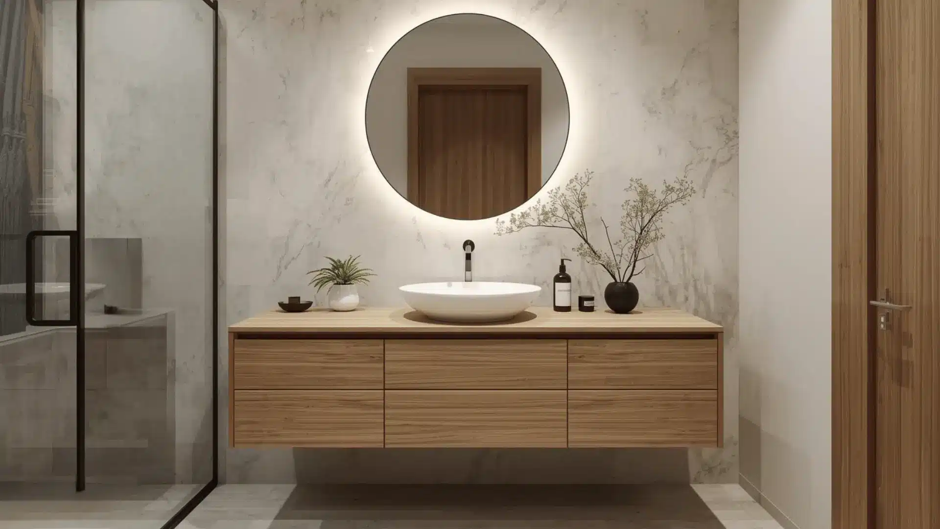 Floating wood vanity with vessel sink and round mirror, leaving the floor visible to make the ensuite feel more open.