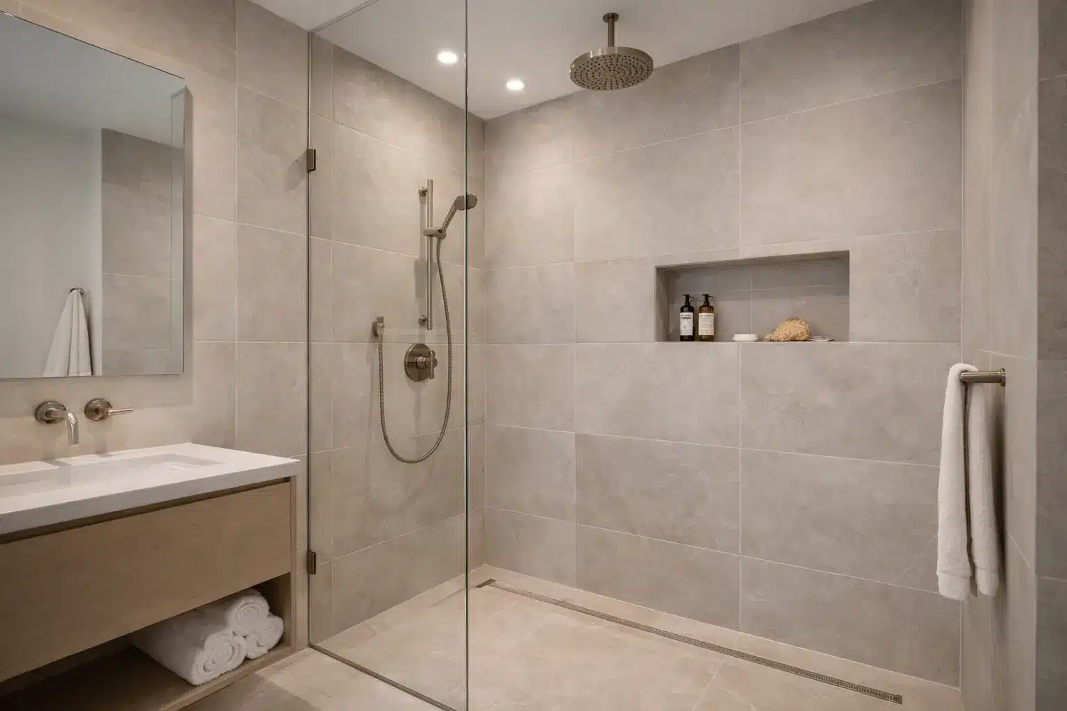 Frameless walk-in glass shower with large-format grey tiles, rainfall showerhead, built-in niche, and minimalist vanity.