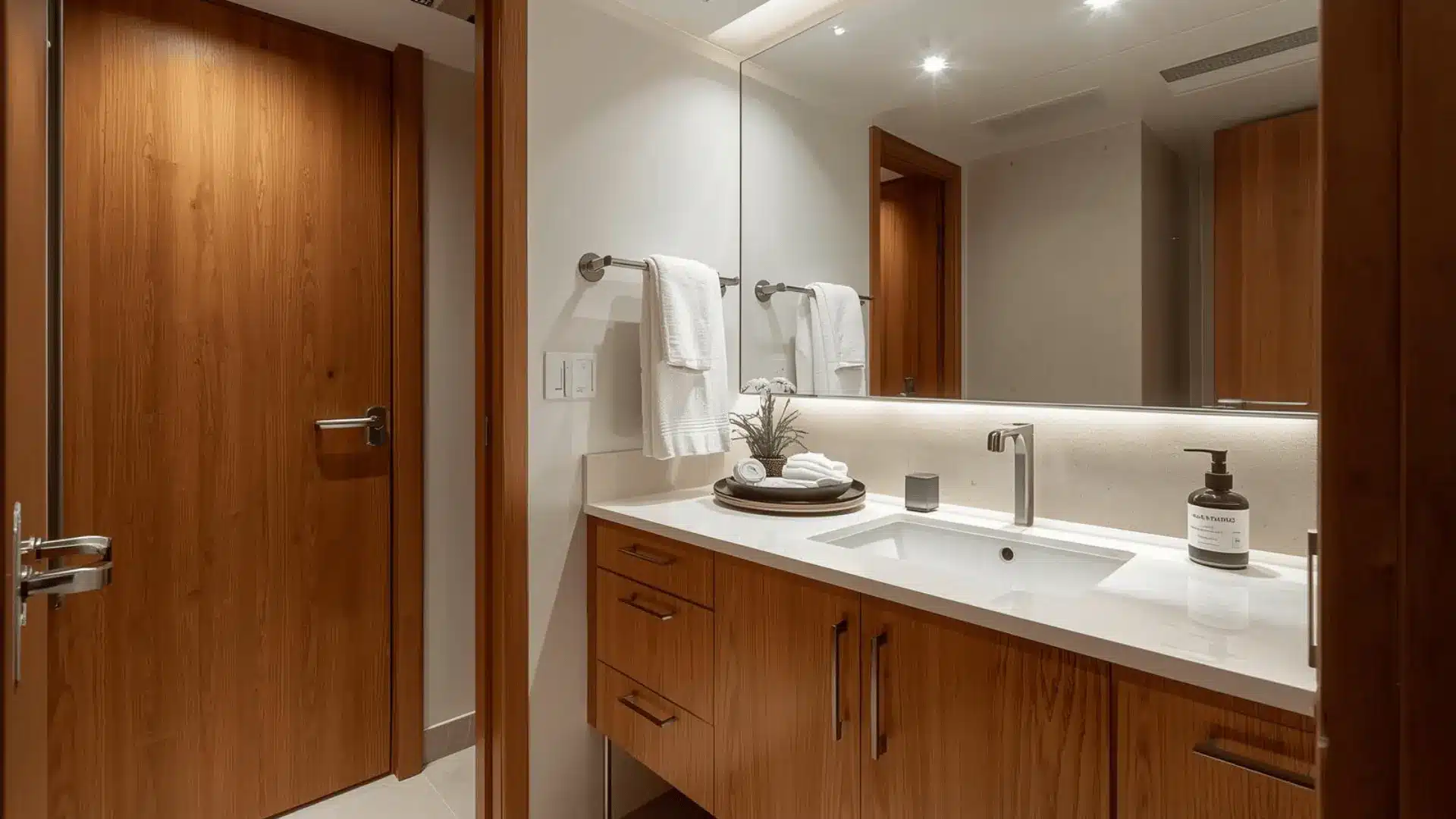 Full-width mirror above wood vanity reflects light, making the ensuite look wider, with underlit backsplash and towels.