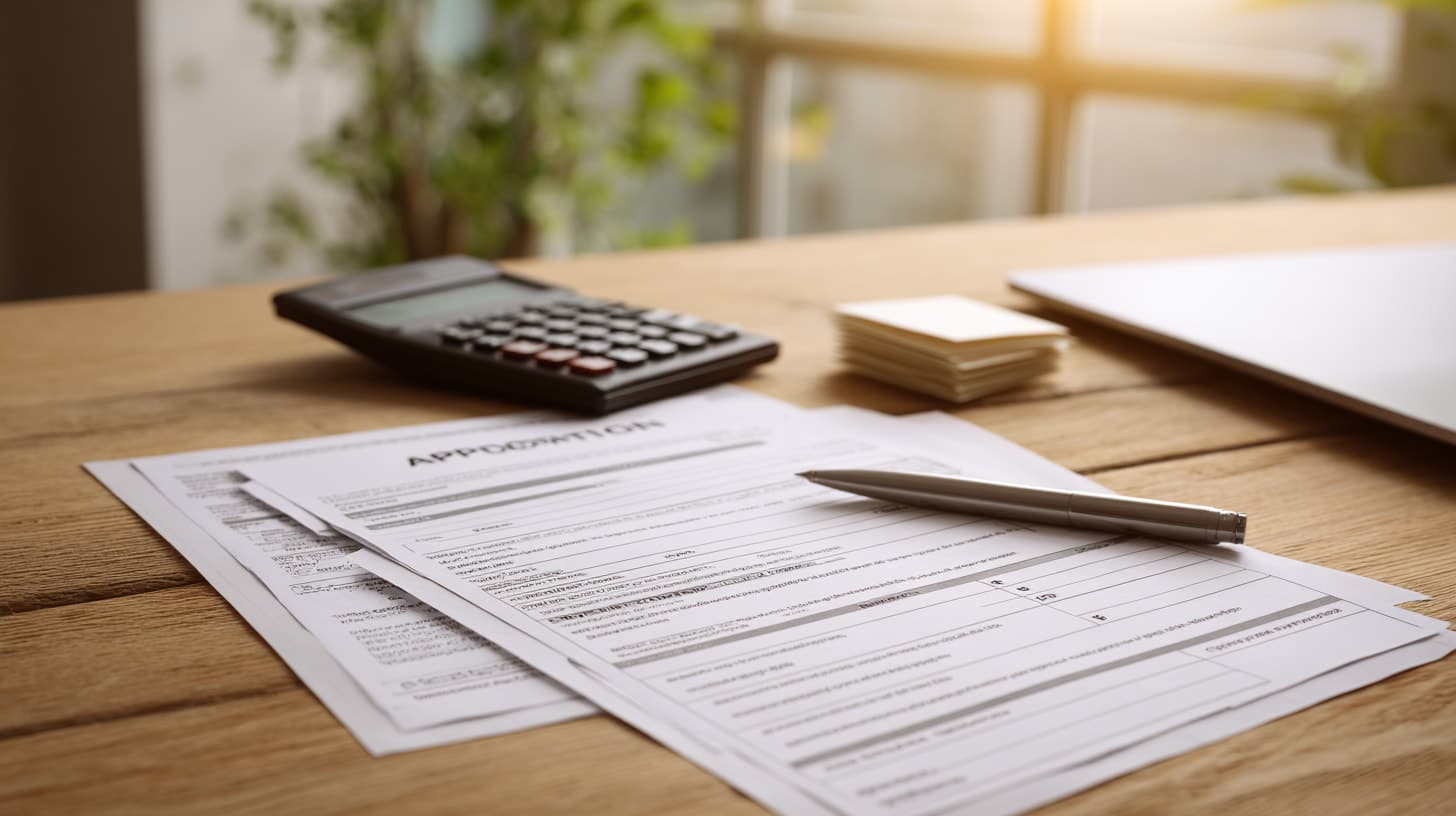 Pile of paper, a calculator and a pen on the table