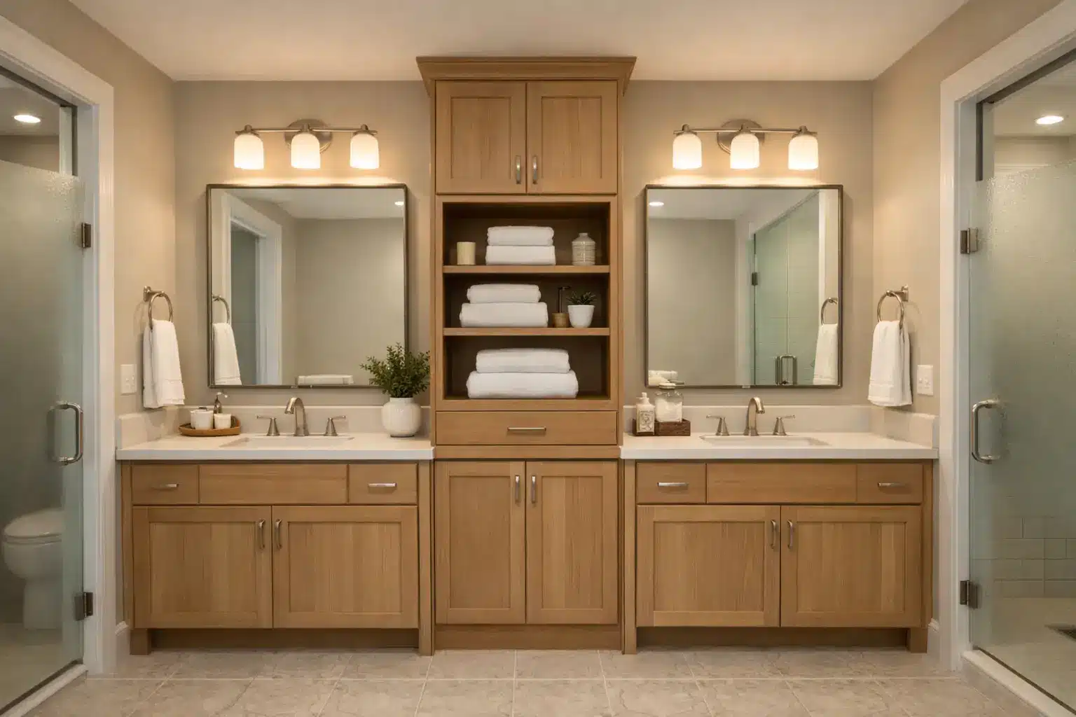  A Jack and Jill bathroom with wooden cabinetry and a spacious mirror, designed for shared access between two bedrooms.