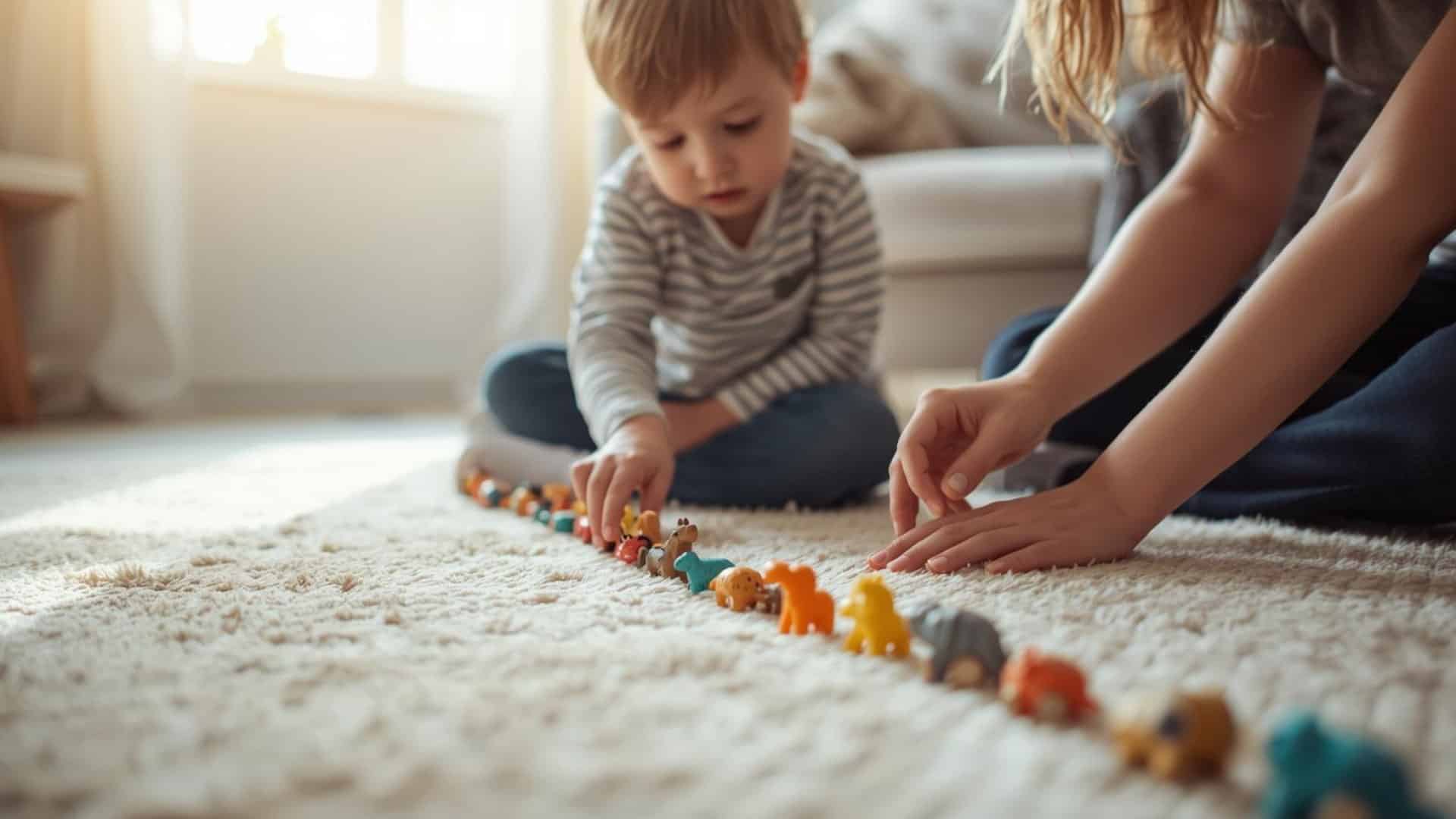 Kid is counting small toys on the floor
