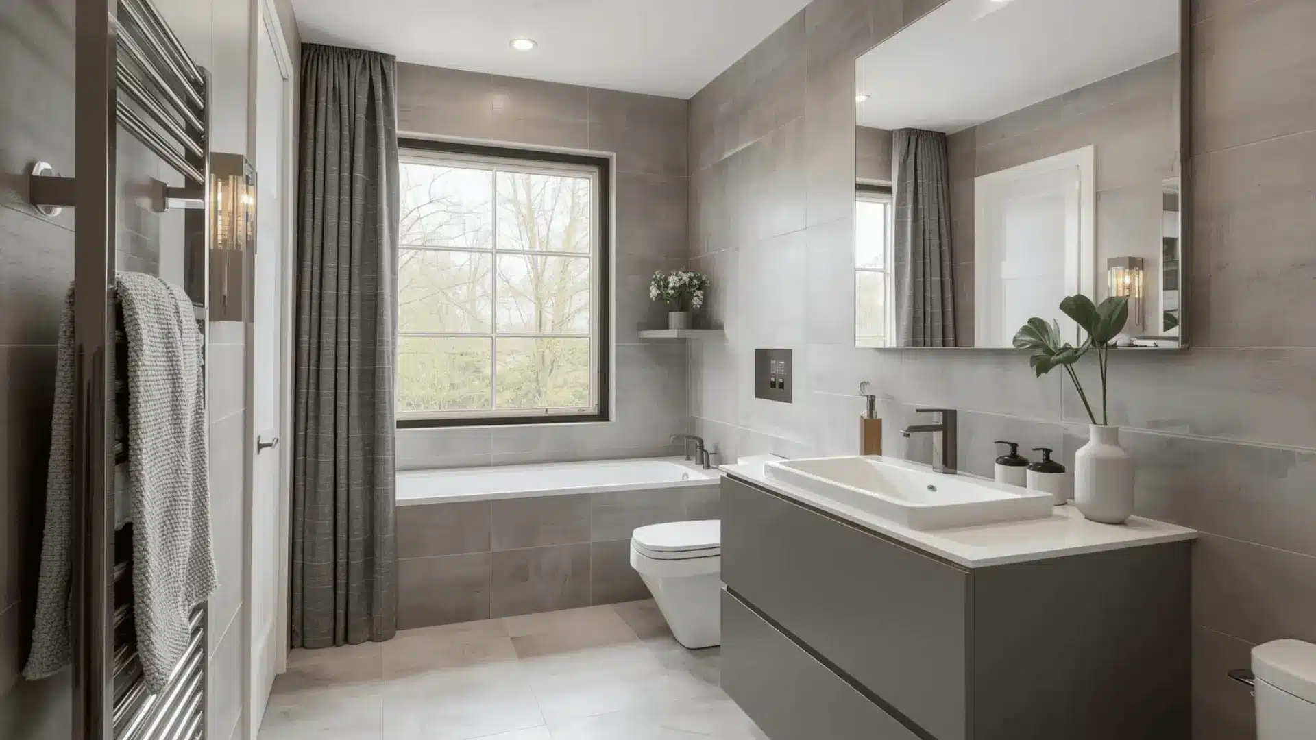 Modern bathroom featuring a sink, toilet, and shower, designed with large-format light tiles for a spacious feel.