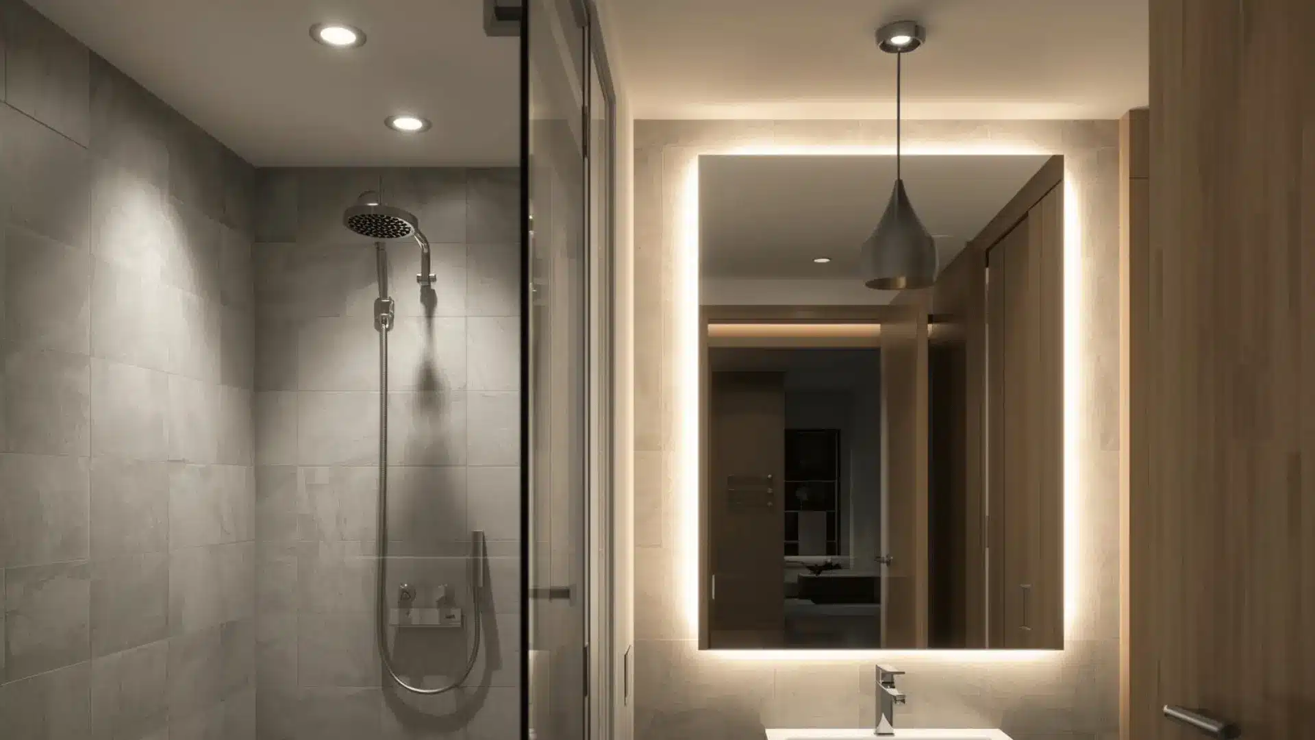 Layered ensuite lighting with backlit mirror, ceiling spotlights, and pendant glow beside glass shower for a warm mood.