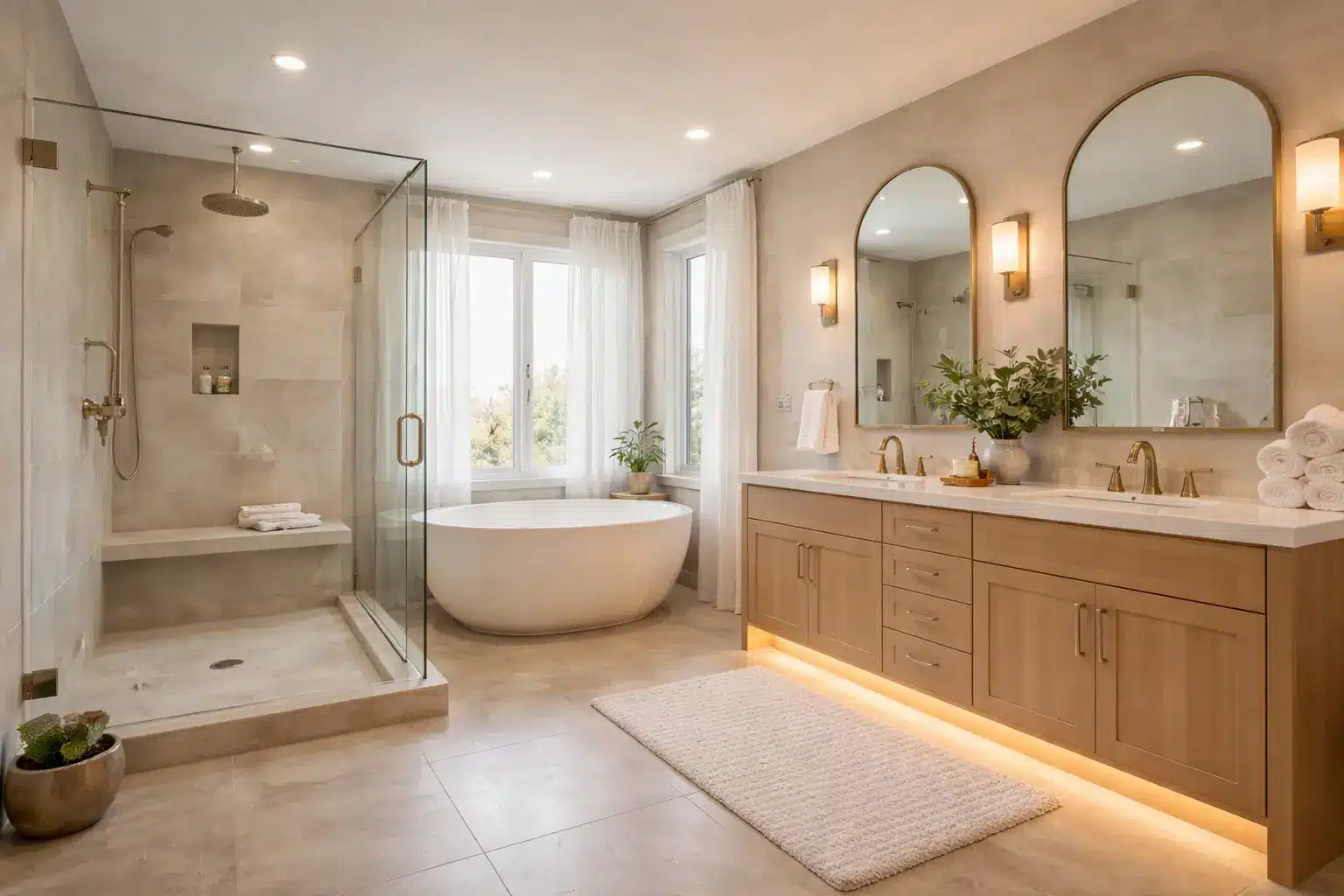  A luxury main ensuite bathroom featuring a large soaking tub and double sinks, designed for comfort and elegance.