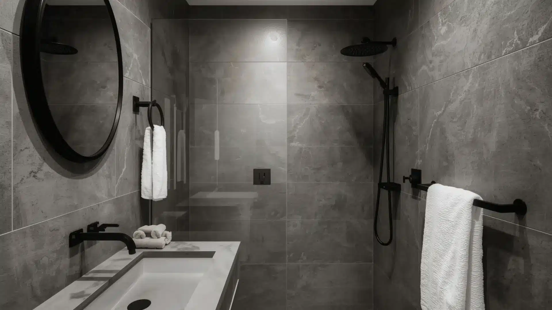 Modern grey-tiled ensuite with a matte black faucet, rain shower, towel bars, and a round mirror for a sleek, updated look