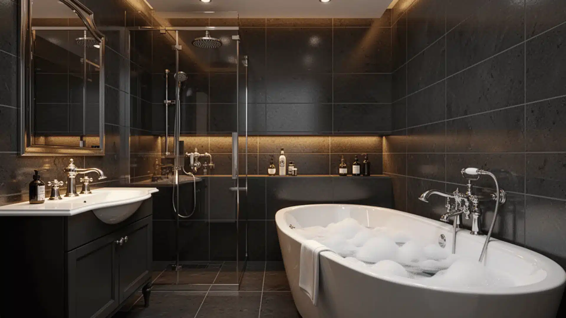 A modern bathroom featuring black tile walls and a stylish tub, enhanced by warm lighting and elegant fixtures.