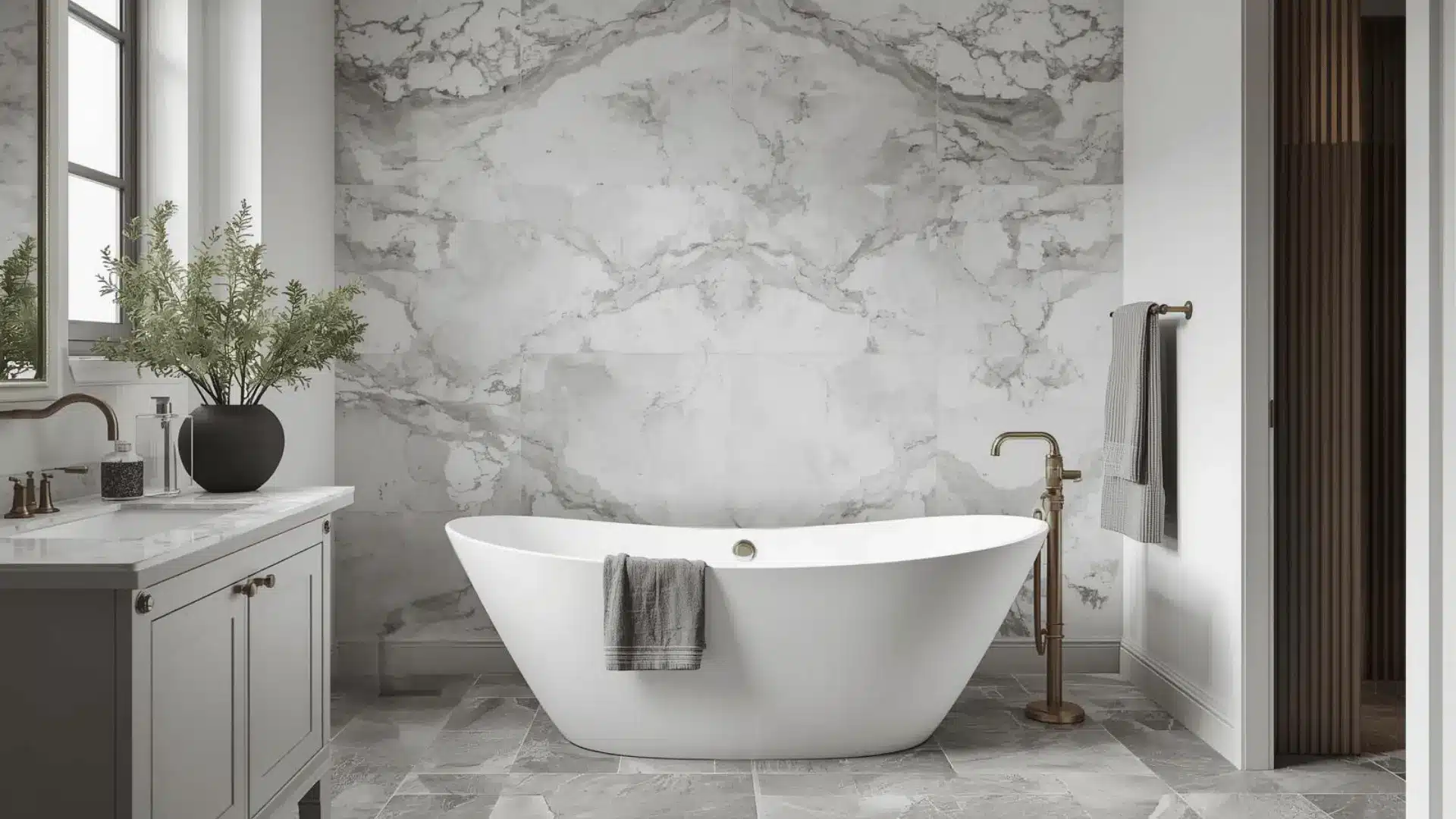 Freestanding tub against dramatic marble stone feature wall, grey tile floor, and brass fixtures for a luxury hotel feel.