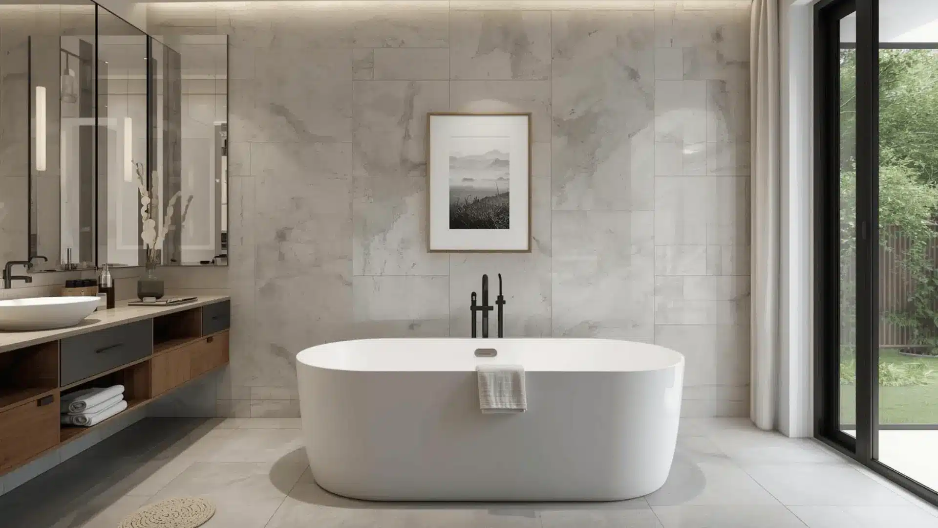 A modern bathroom featuring a large freestanding tub and an expansive mirror, creating a stylish and functional space.