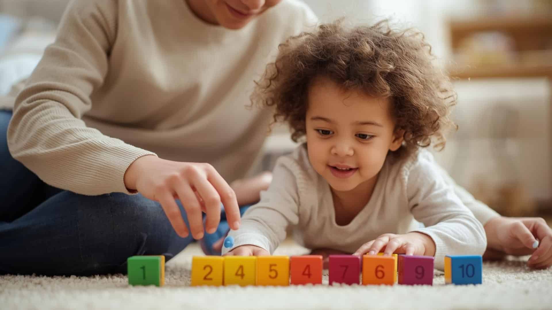 Parent helping toddler count with number blocks