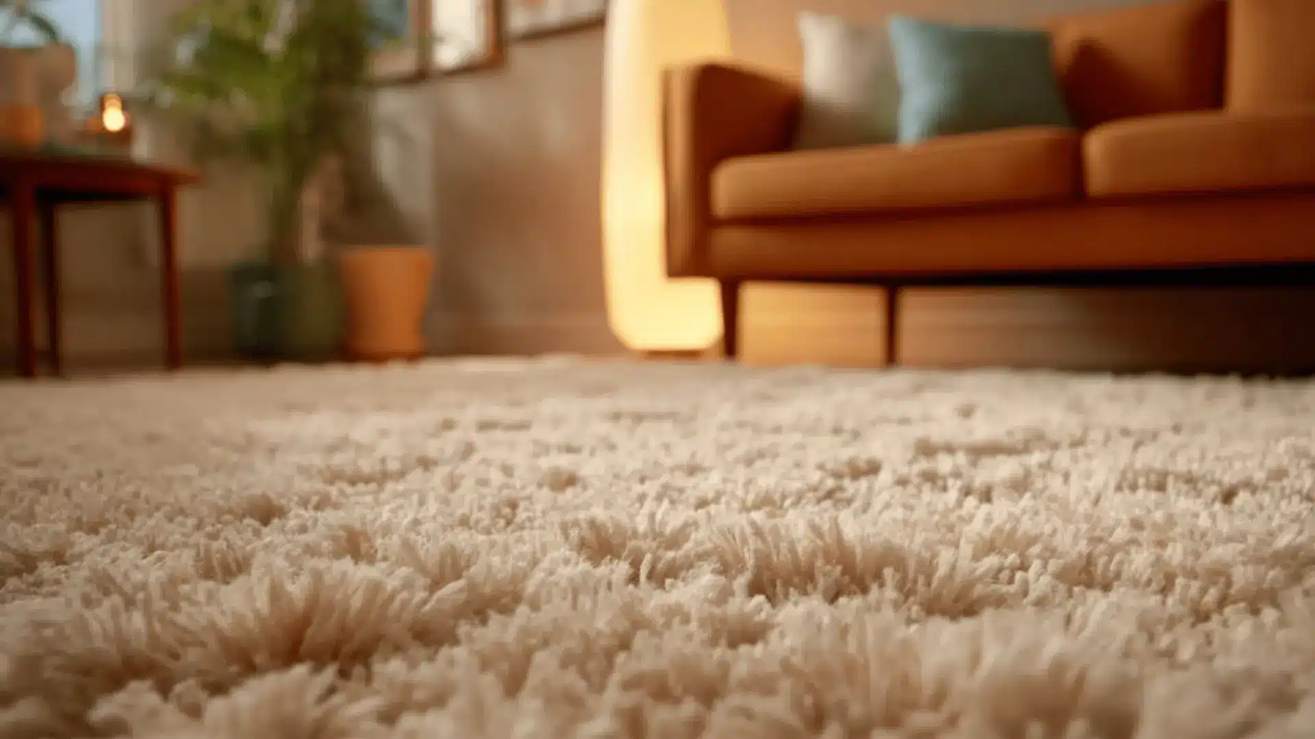 plush shag rug under a mid-century sofa in a cozy retro living room.