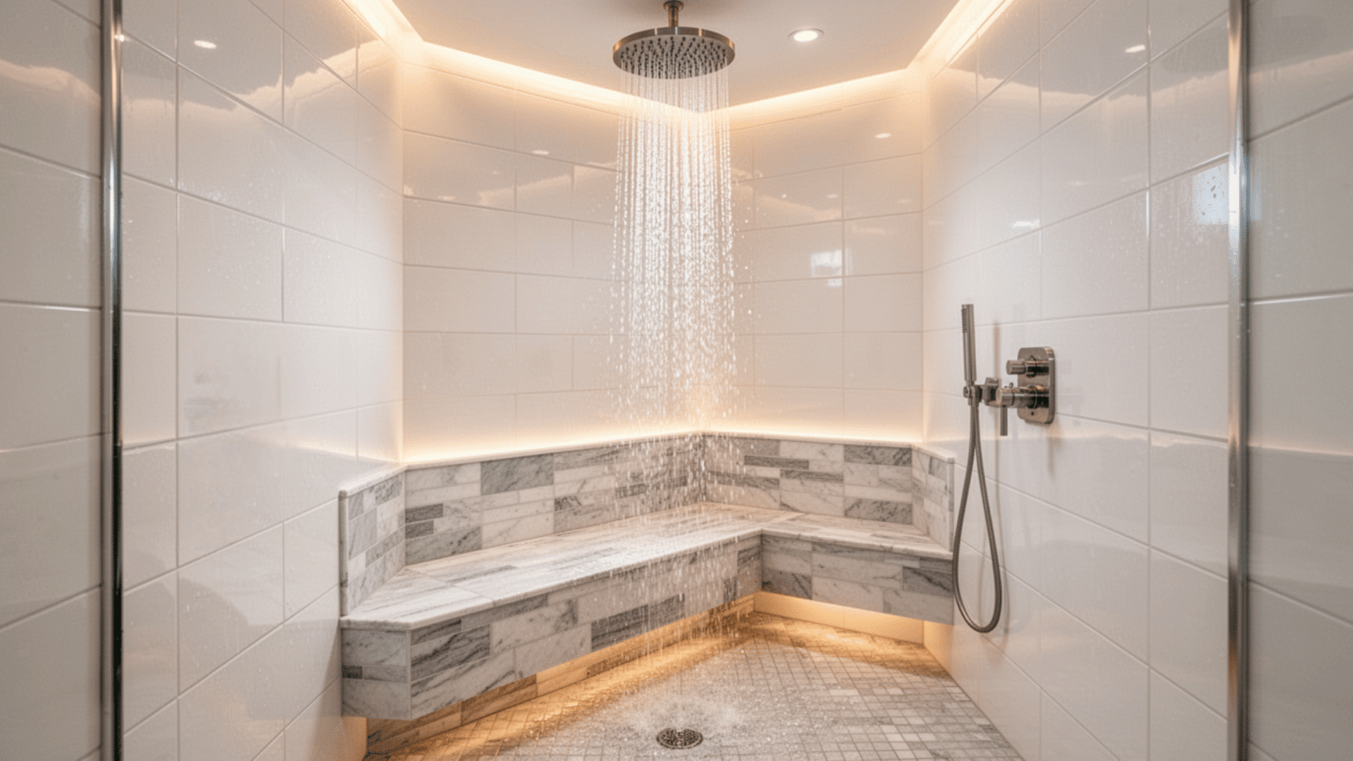 A walk-in ensuite shower with a tiled built-in bench, rainfall showerhead, and a recessed niche, styled in a clean, modern look.