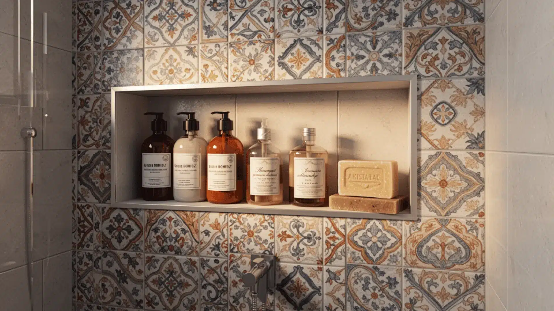 A tiled ensuite shower wall with a recessed rectangular niche holding shampoo bottles and soap, built into the tile pattern. Clean, minimal finish