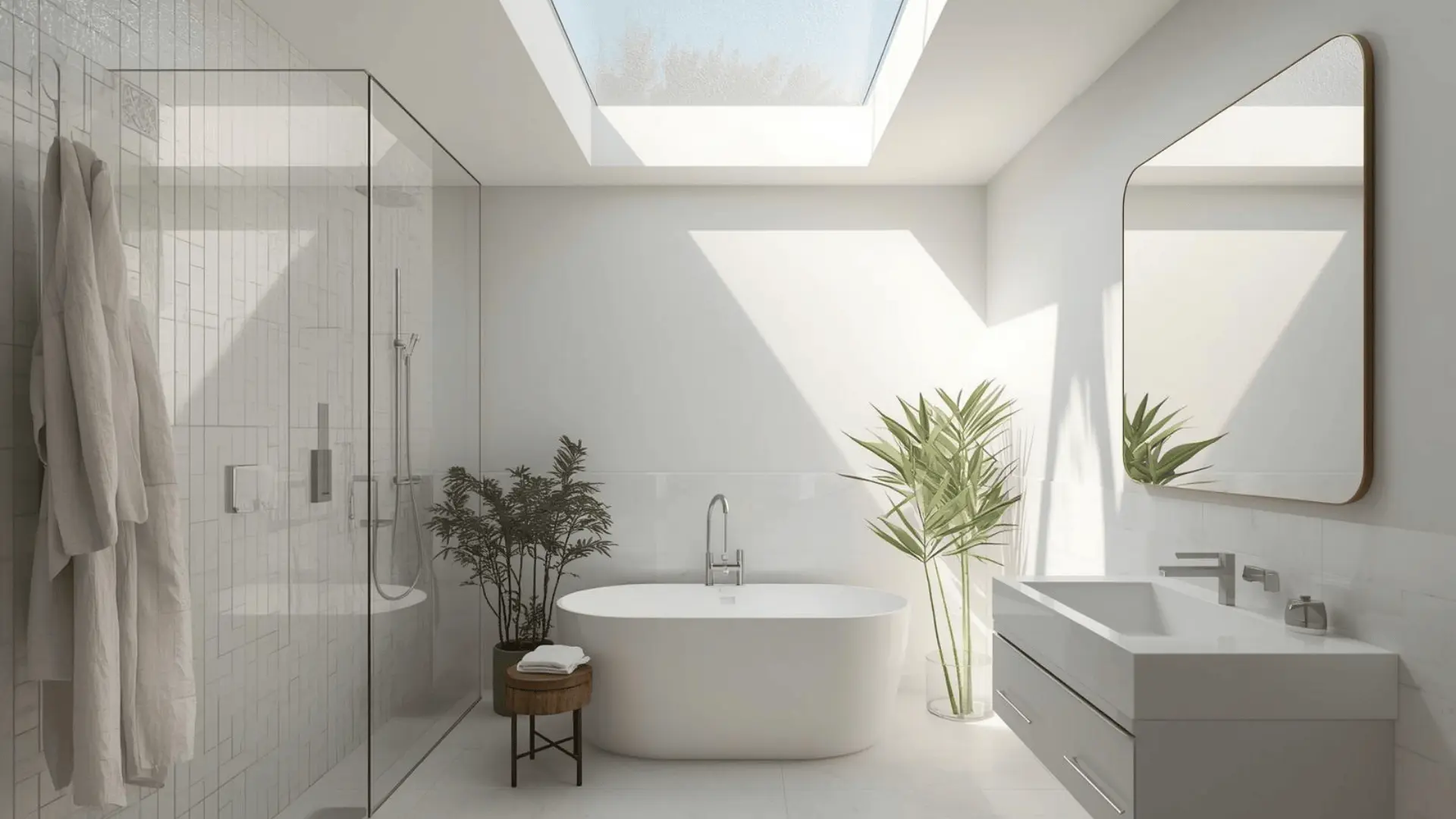 Bright ensuite with a skylight pouring natural light onto a freestanding tub, glass shower, vanity, and leafy plants.