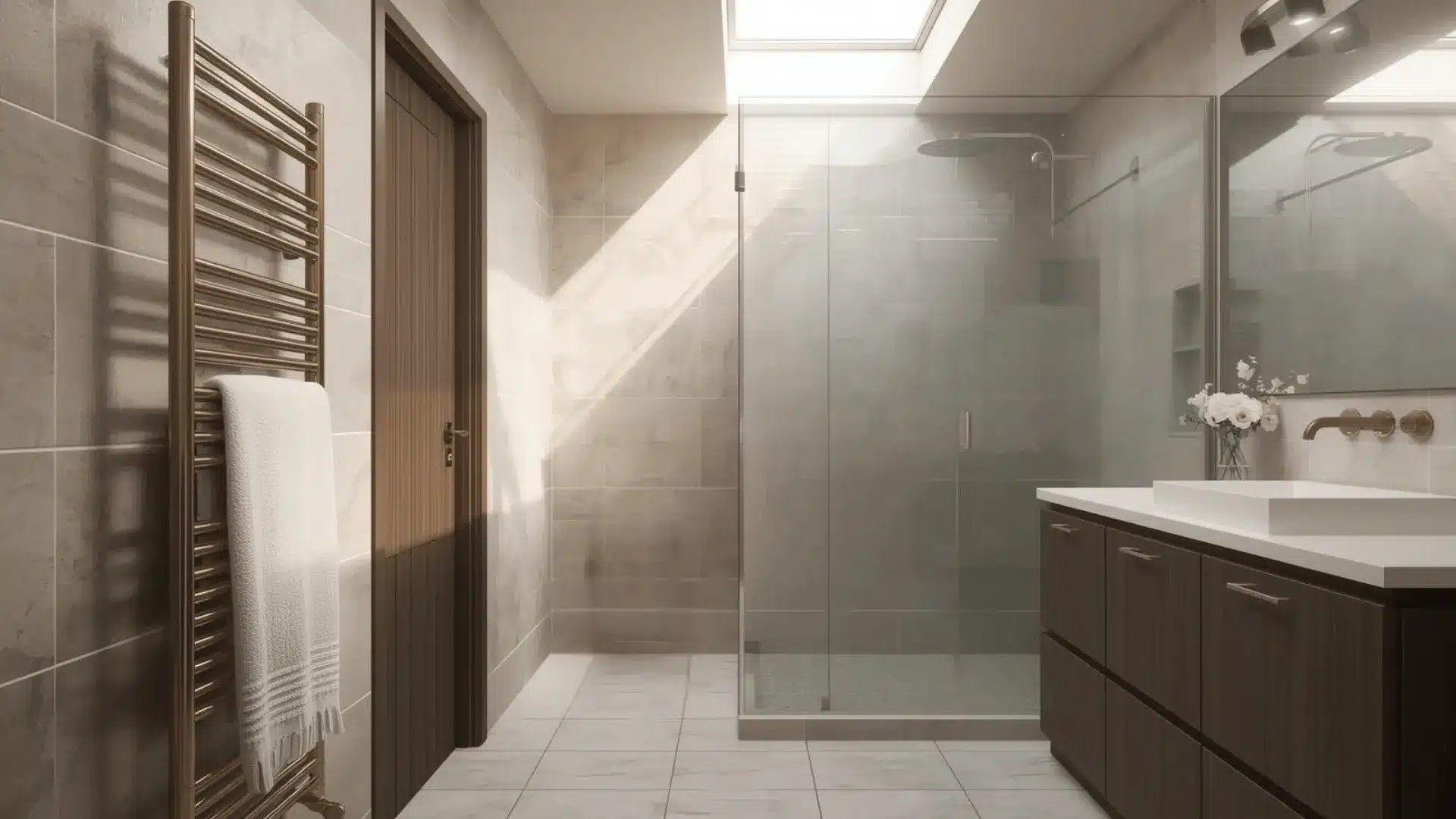 Modern bathroom featuring a shower, sink, and a wall-mounted heated towel rail for added warmth and convenience.