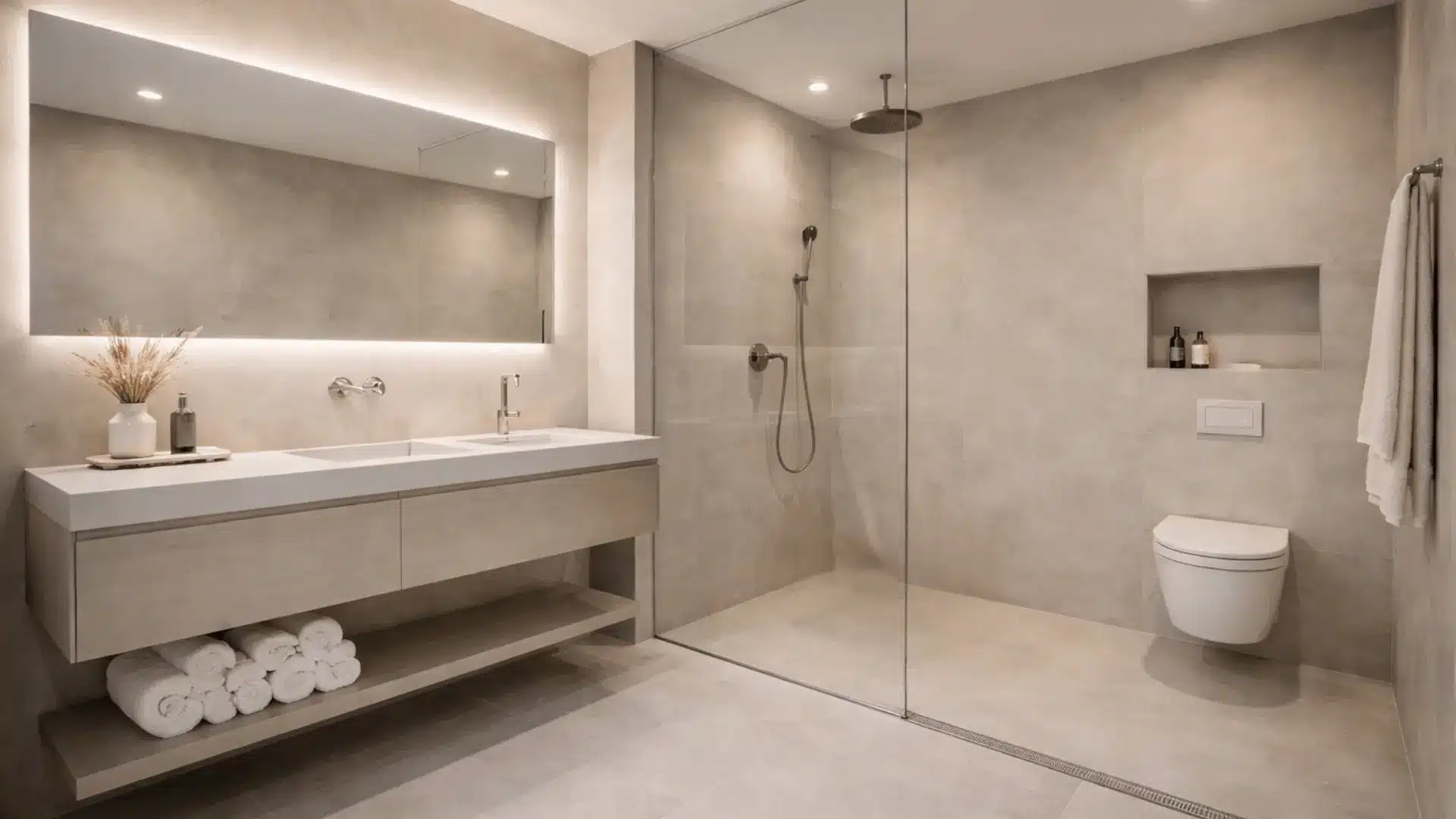 A sleek wet room ensuite showcasing a shower and toilet, emphasizing a contemporary and open design.
