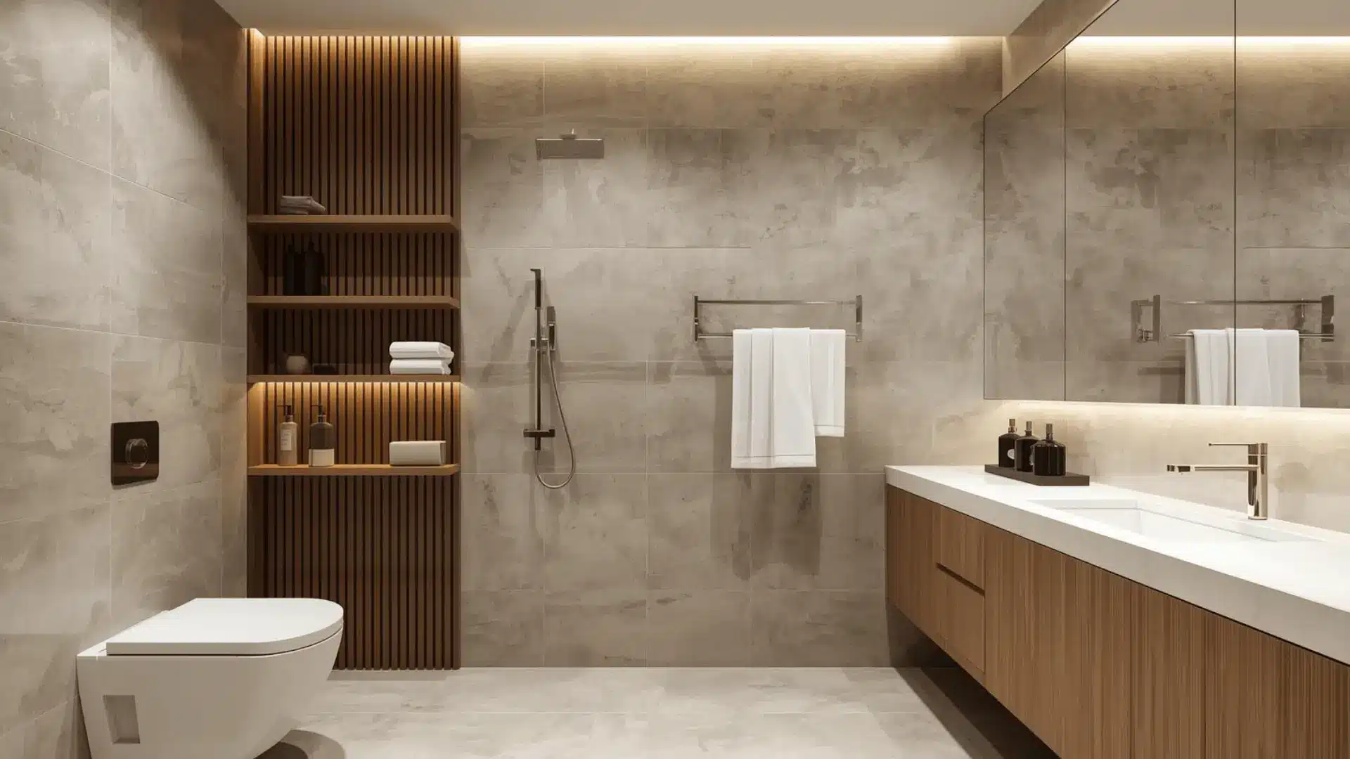  Minimalist ensuite with storage, wood slat shelving niches, wall-hung toilet, floating vanity, and warm lighting.