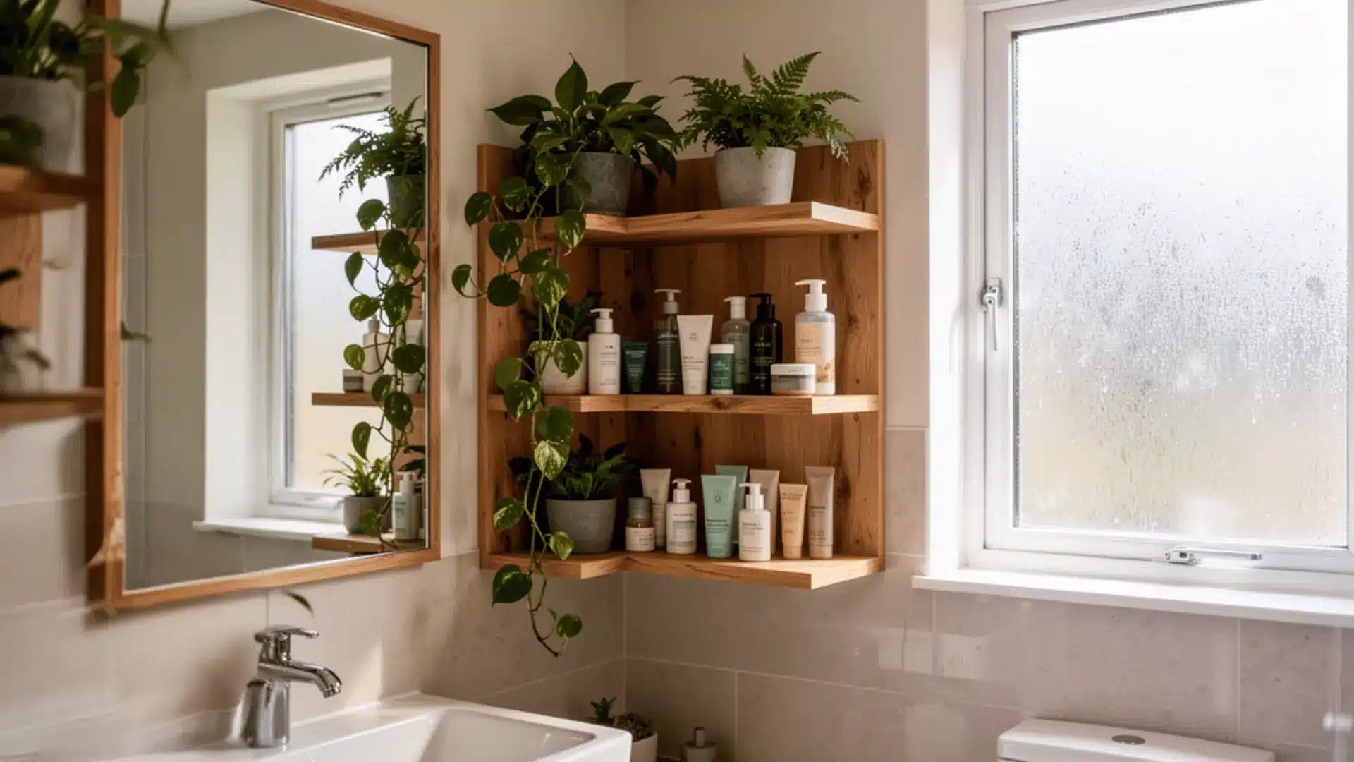  A bright bathroom featuring open shelving, a window, and neatly arranged towels and plants for a relaxed atmosphere.
