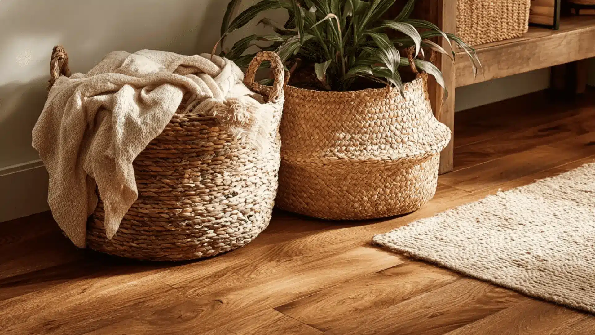 woven baskets with a throw and plant on hardwood floors.