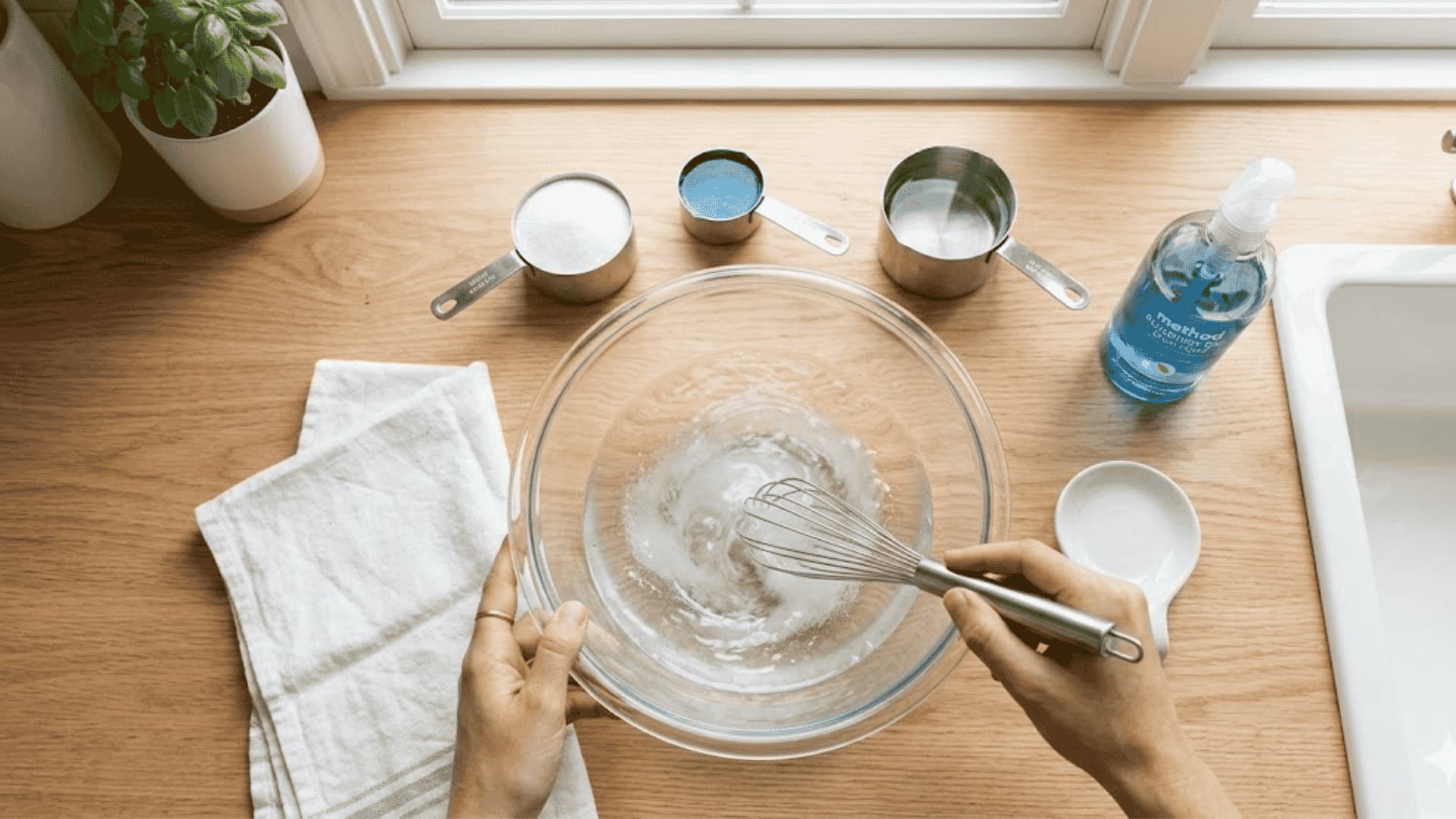 Soap and water bowl with a blue wand on a kitchen counter.