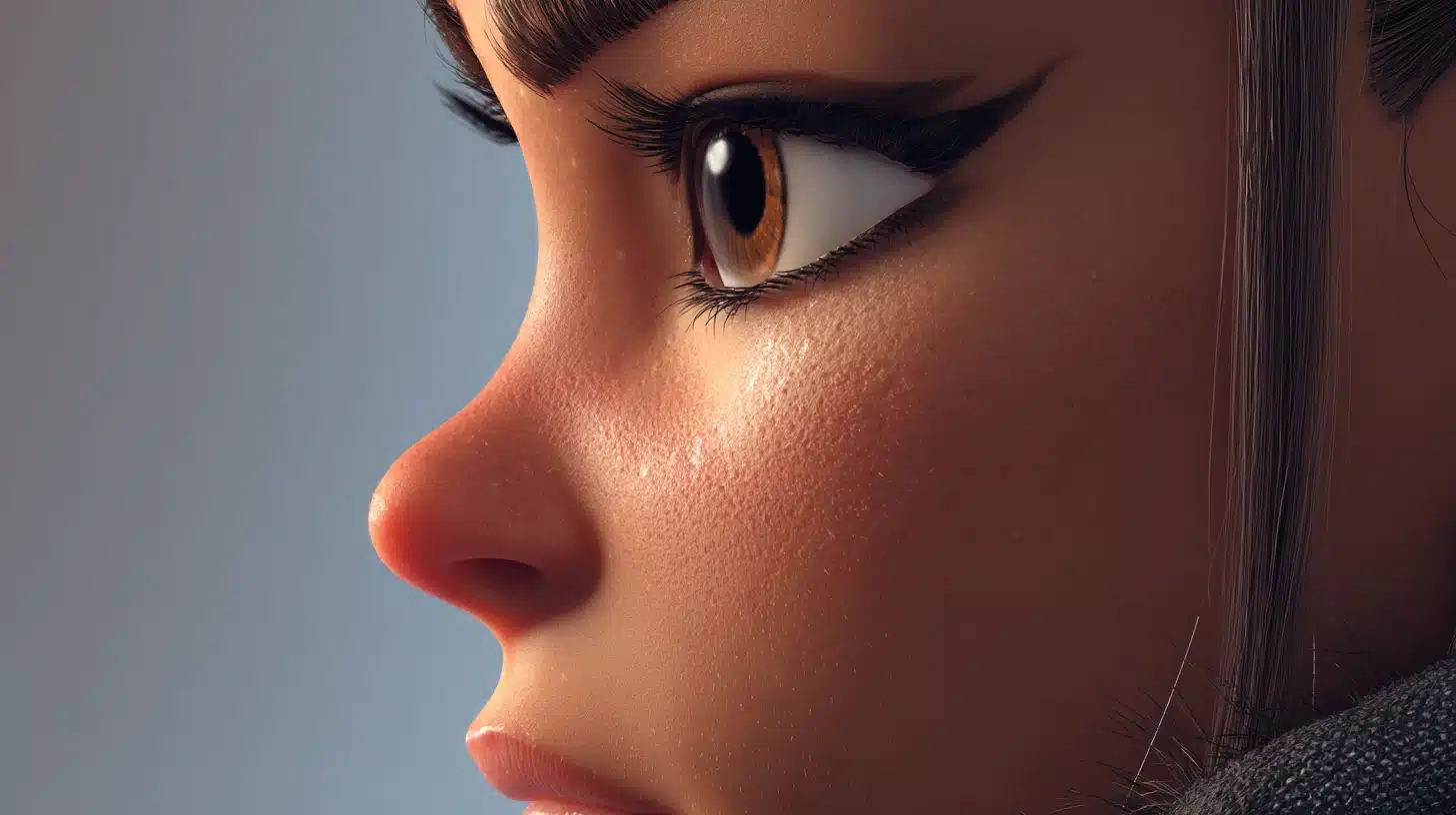 High-quality 3D digital art render of a stylized character with realistic lighting, detailed materials, and a cinematic studio background