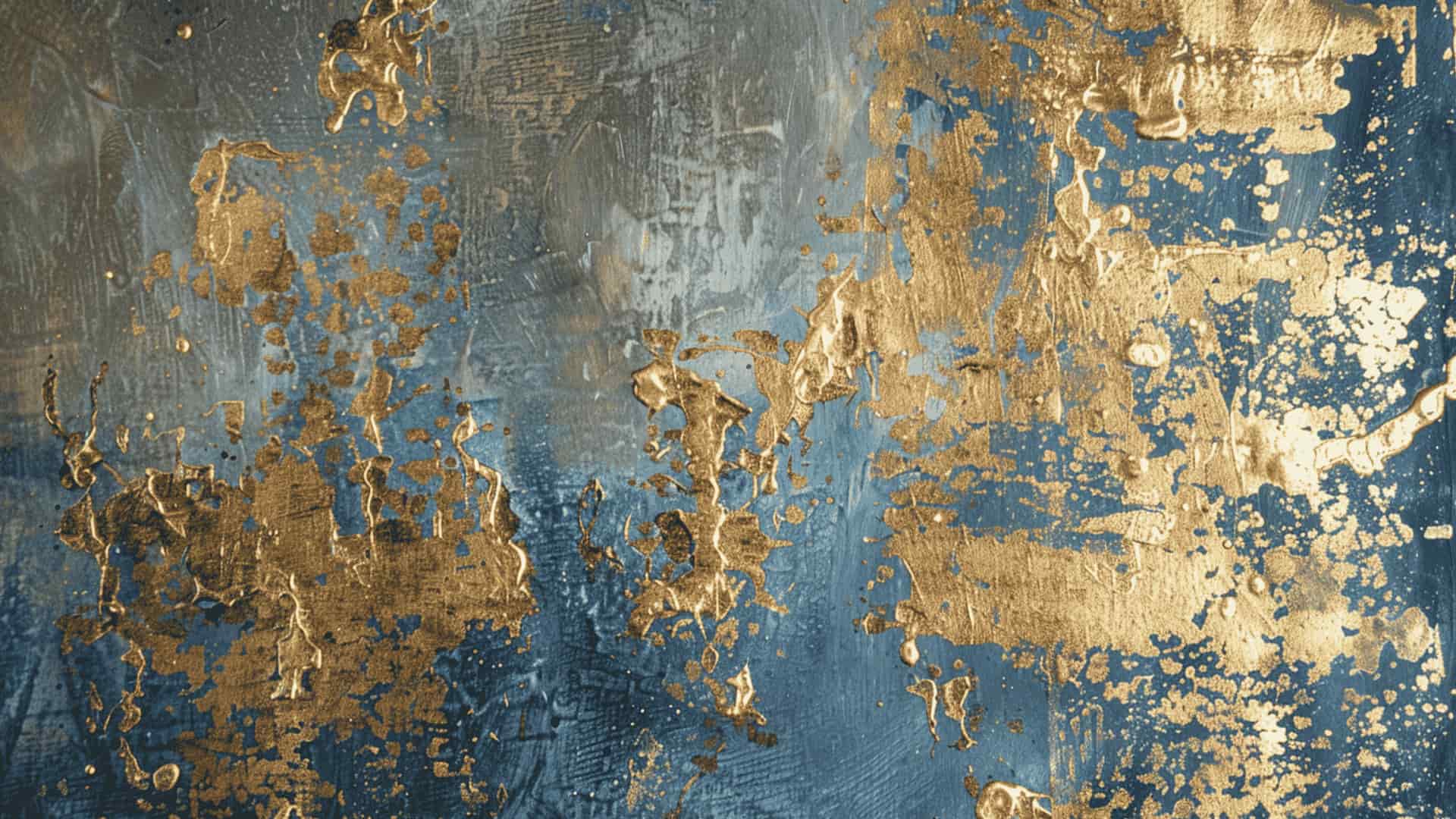 Abstract mixed media art with gold leaf accents and layered acrylic paint textures.