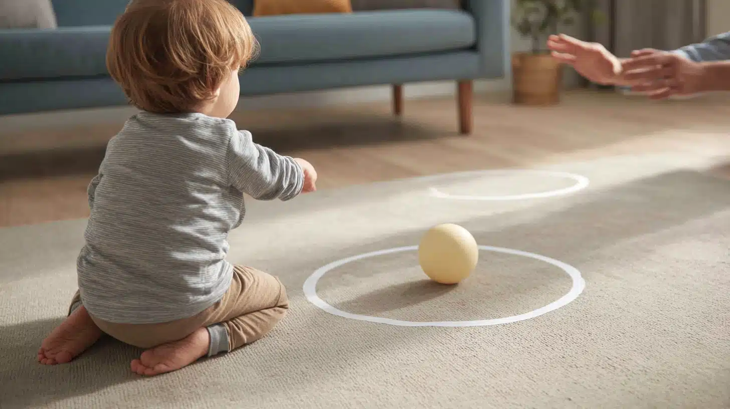 Toddler rolling a soft ball toward masking tape circles on the floor to practice aim and coordination.