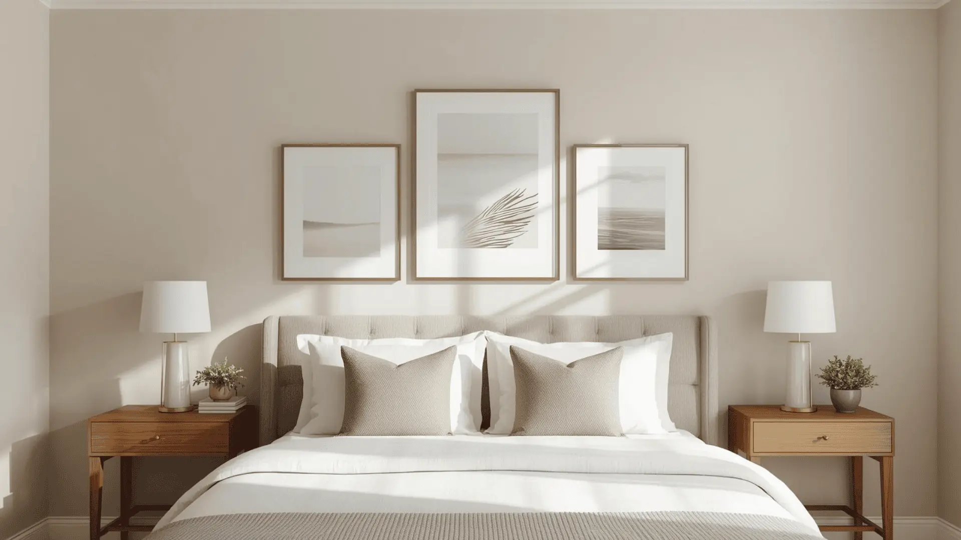 Soft neutral gallery wall centered above headboard, simple frames, calm styling, low placement tied to the bed