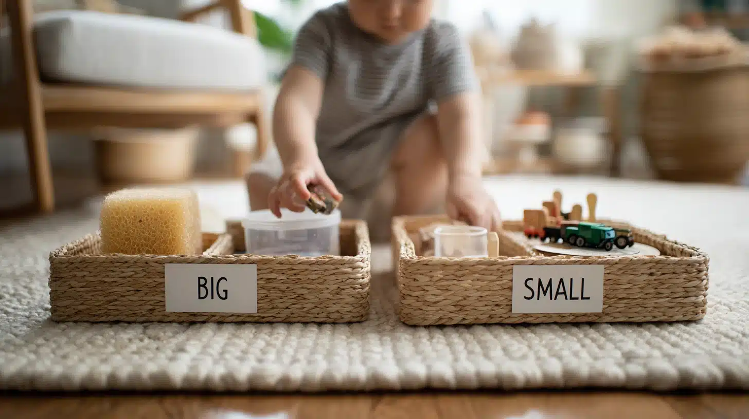 Toddler sorting household objects into big and small groups on trays to practice early size comparison skills.
