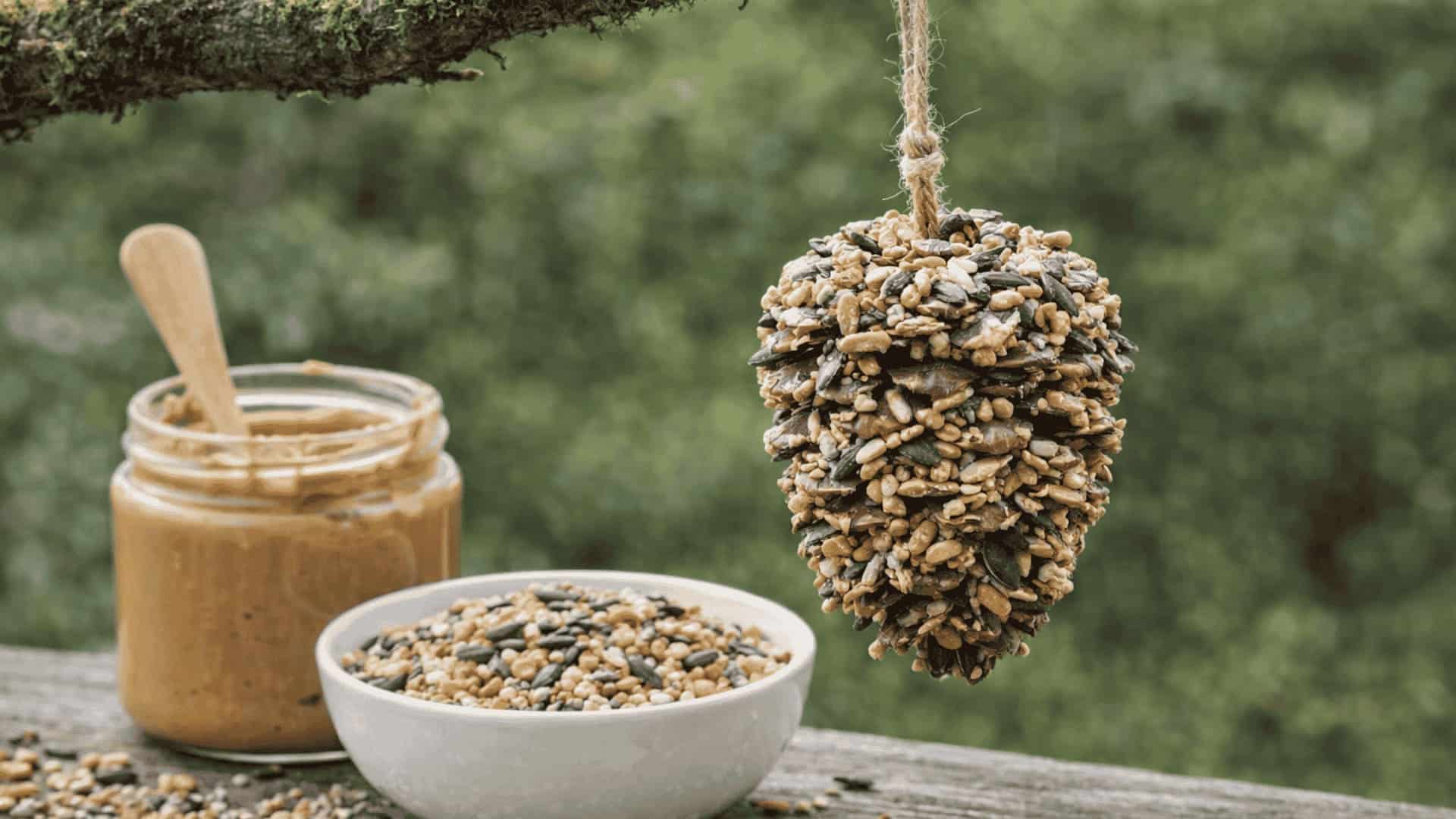 Birdseed-covered pinecone feeder hanging from mossy branch with peanut butter jar and birdseed bowl nearby