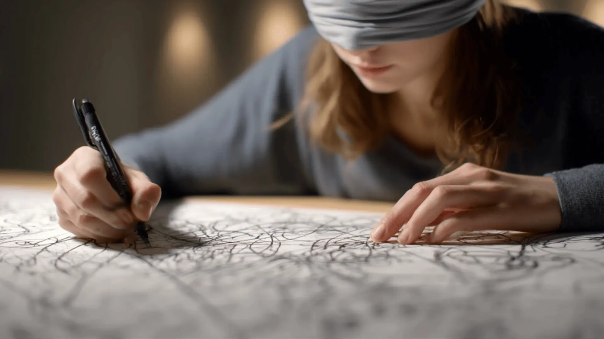 a blindfolded teen drawing free looping abstract lines