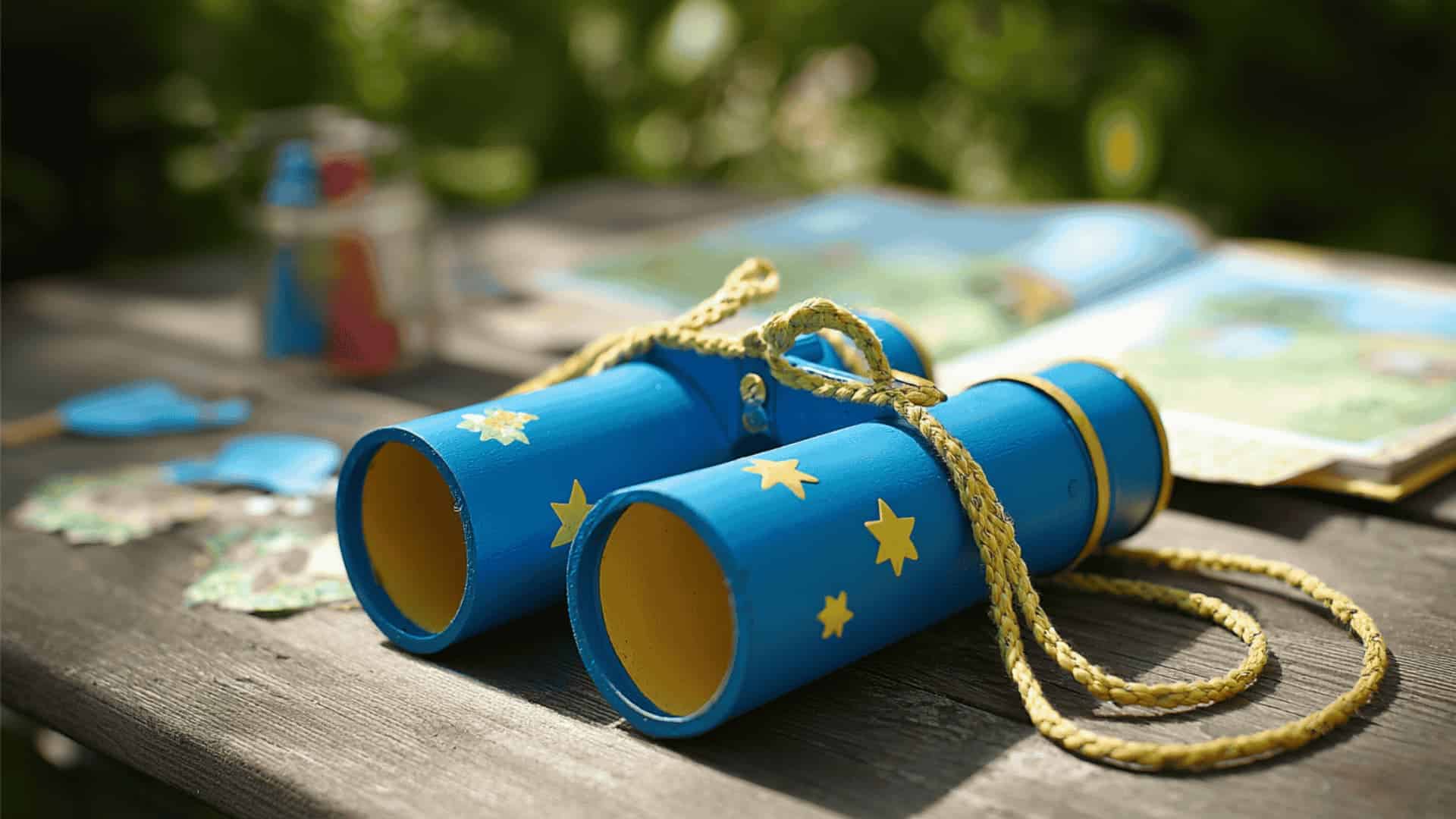 Blue painted toilet paper roll binoculars with star stickers on an outdoor picnic table with a garden and nature journal
