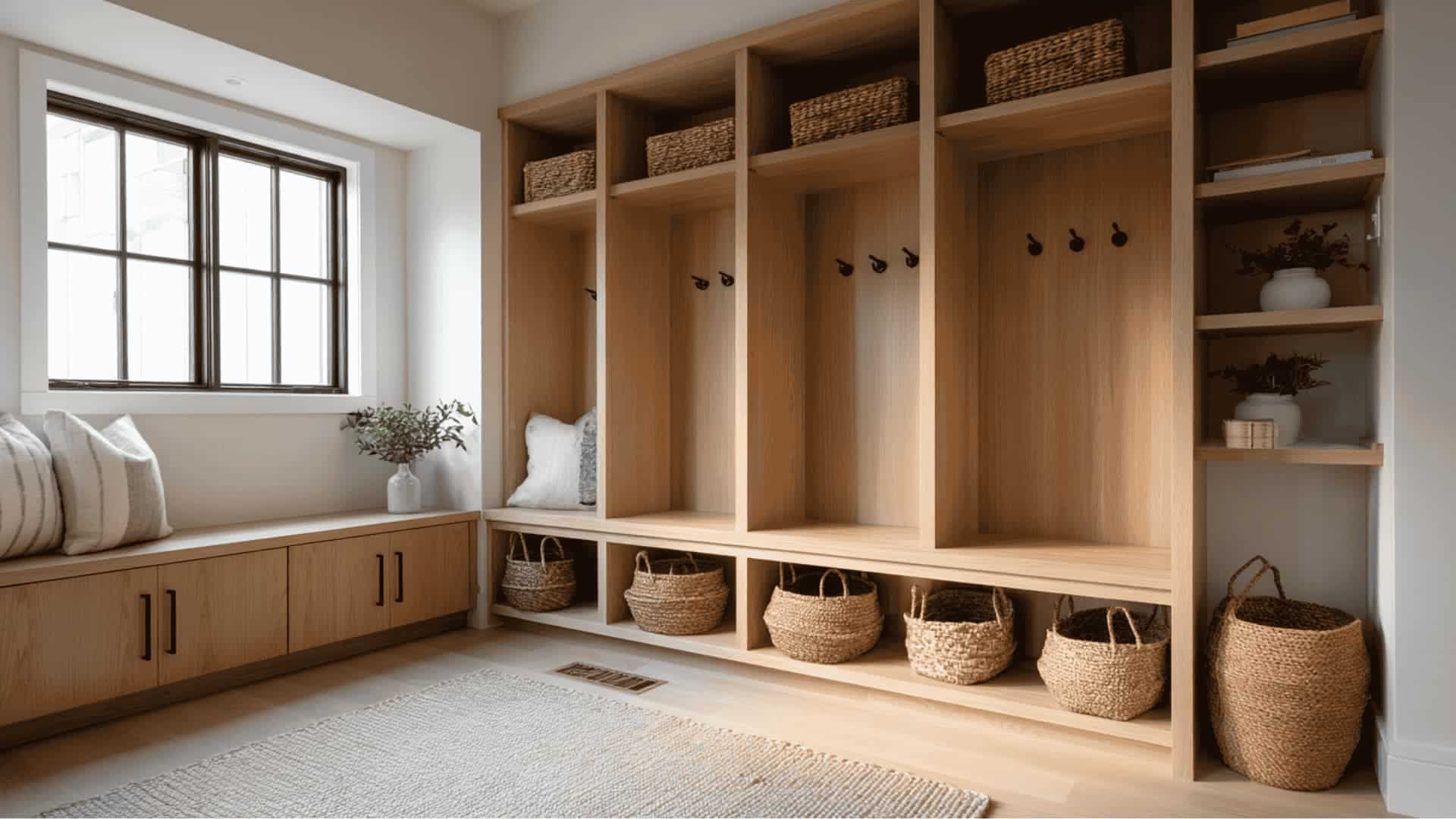 Built-in mudroom bench with locker-style cubbies and woven baskets in a bright neutral space.