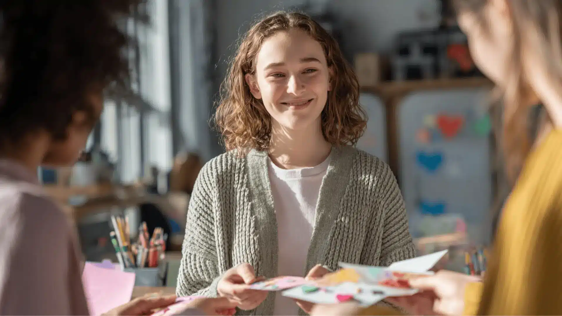 a teen handing out cards to her friend