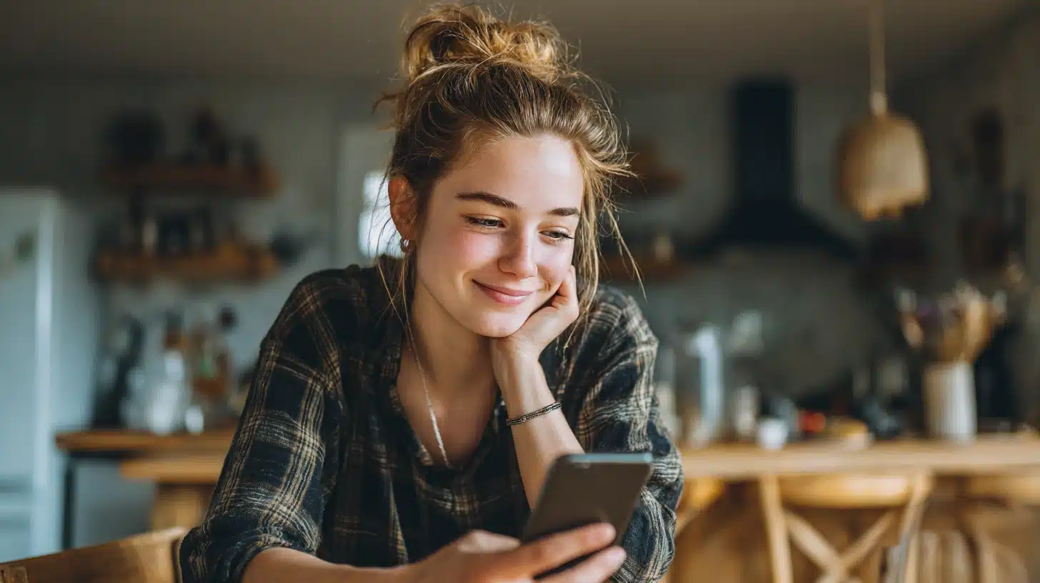 Young adult posting a mental health check-in message on social media using a smartphone