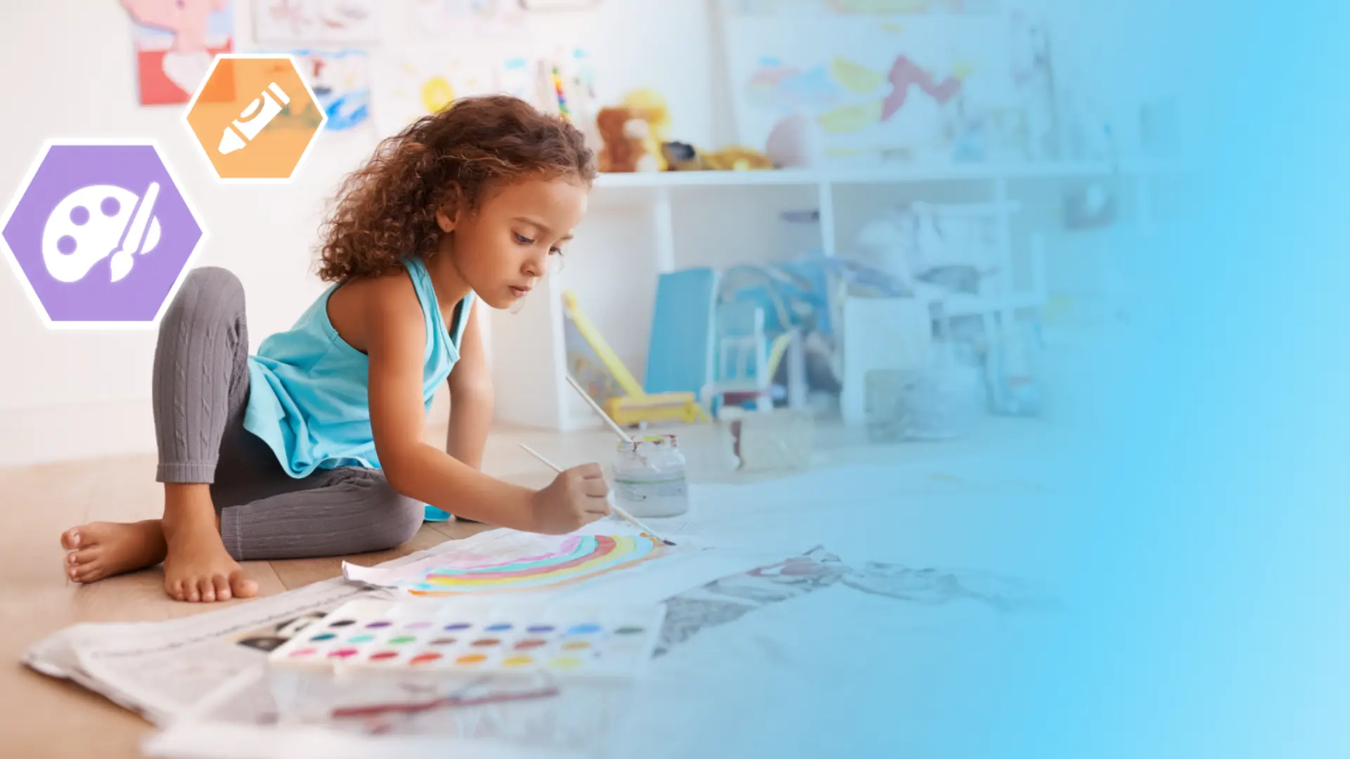 Child paints on the floor with a watercolor set in a bright room, with art icons overlay and a blue gradient background.