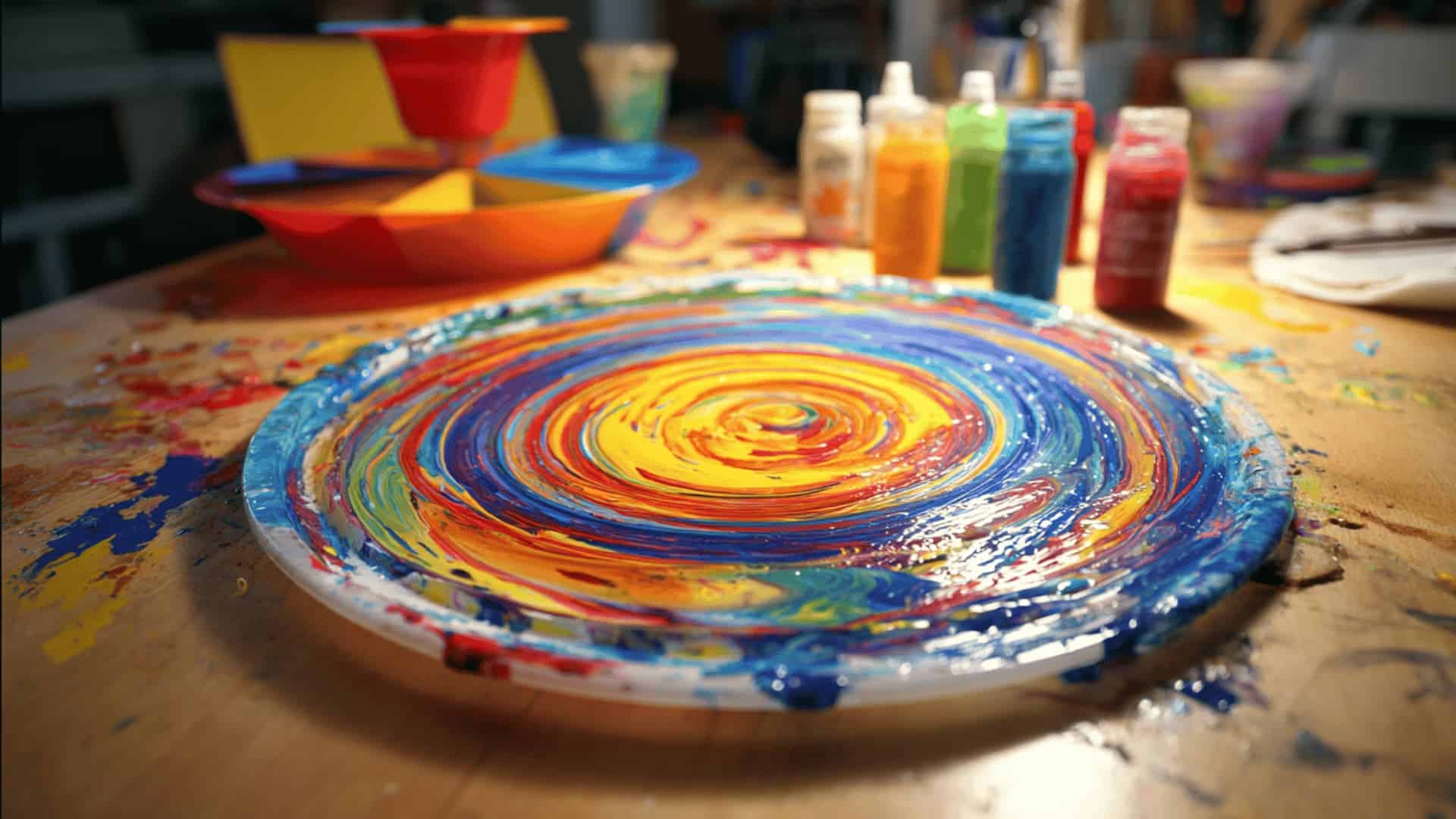 Circular spin art with vivid swirling paint streaks on a craft table with a salad spinner and paint bottles nearby