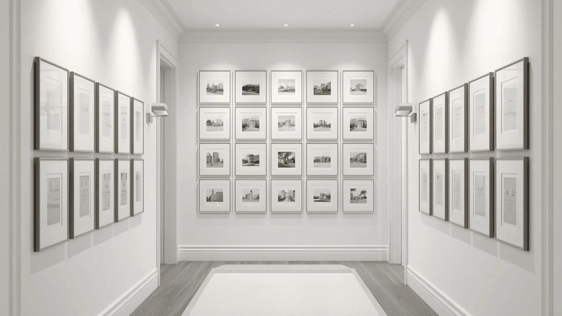 Classic grid gallery wall with identical frames in neat rows and columns, even spacing, soft neutral prints in the hallway