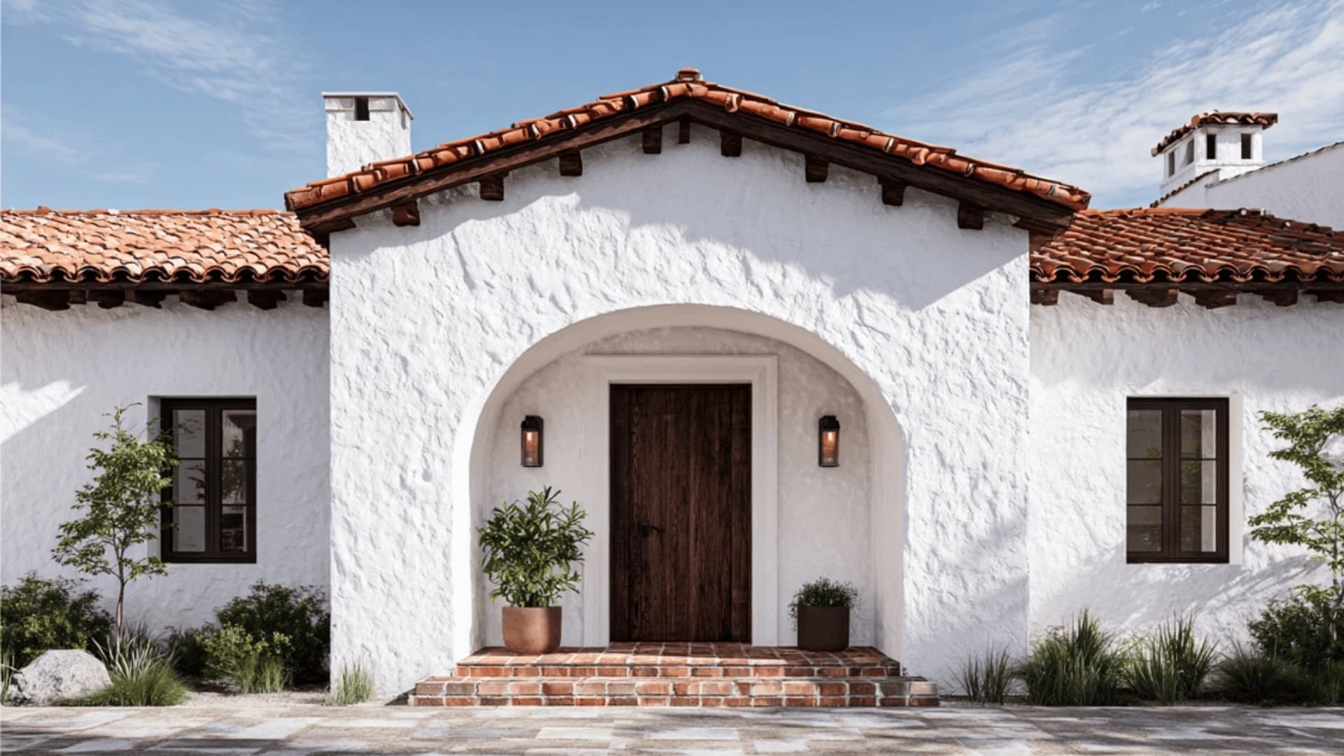 a classic white stucco wall with red tile roof 