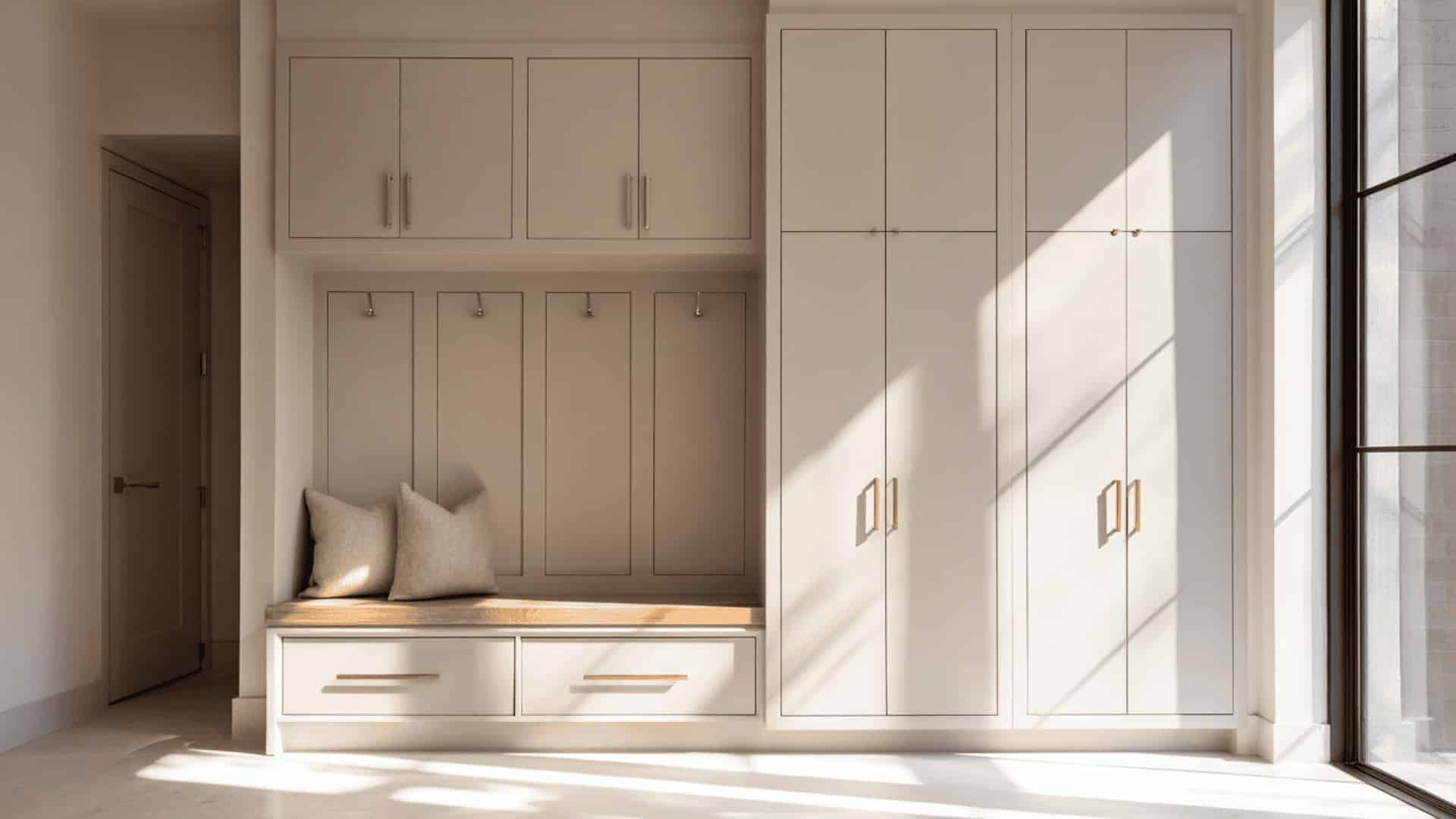 Minimal mudroom with full-height closed cabinets and hidden storage
