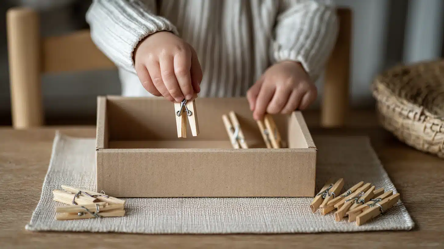 Toddler clipping wooden clothespins onto a cardboard box edge to build finger strength and fine motor control.