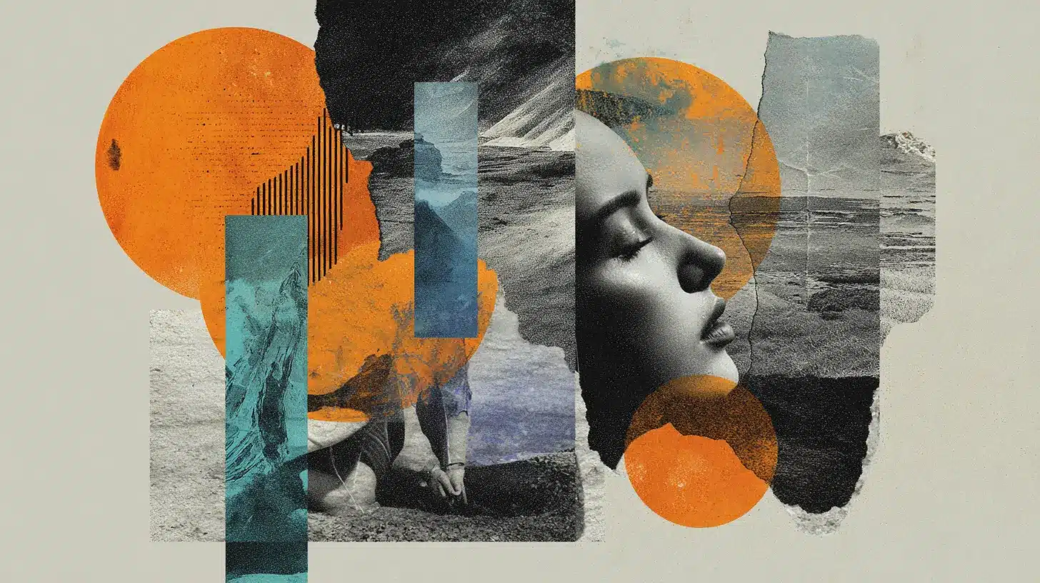 Digital collage artwork combining cut-out photo elements, painted layers, hand-drawn marks, and scanned paper textures in one composition
