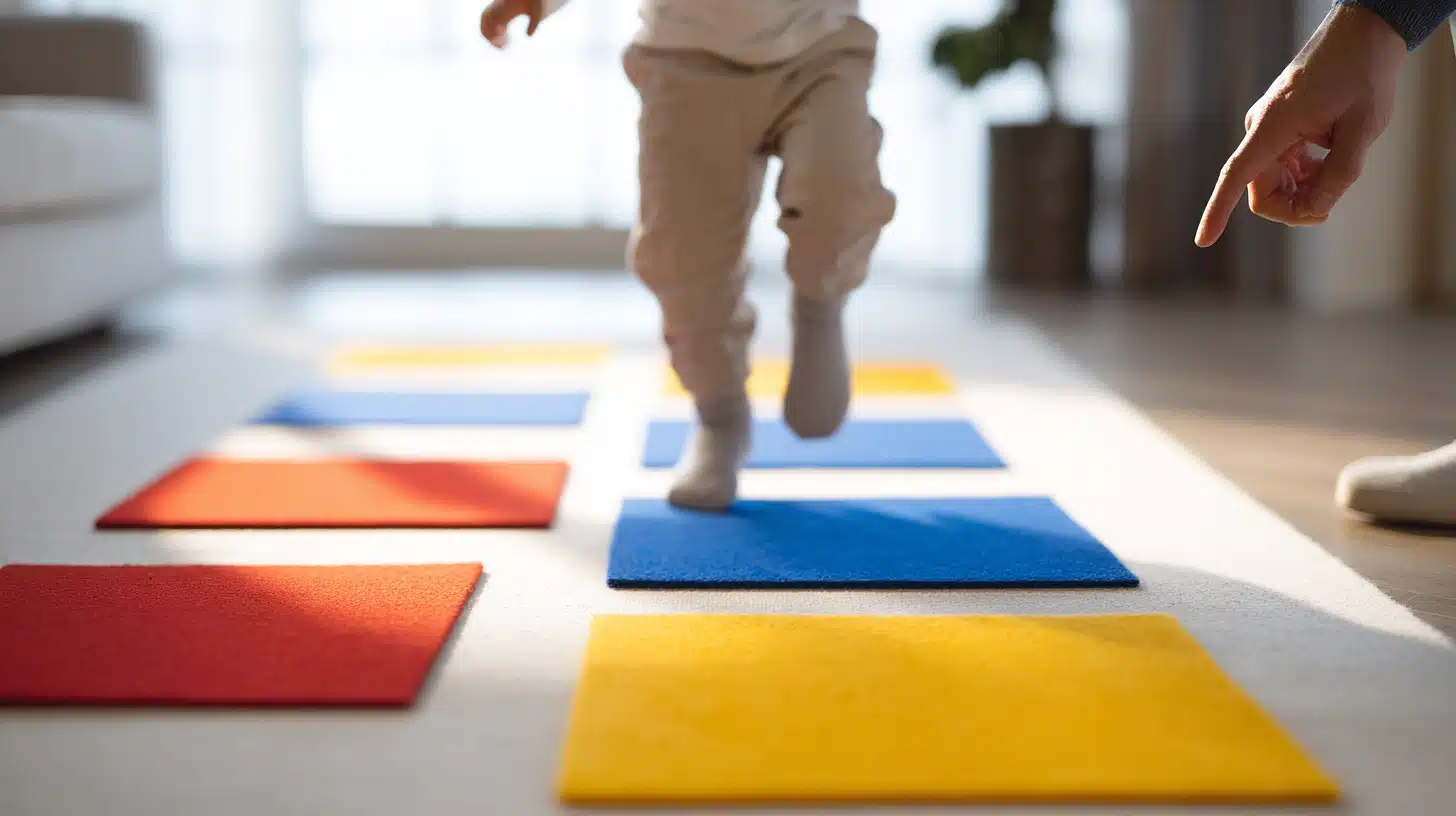 Toddler hopping onto colored paper squares on the floor to practice color recognition and listening skills.