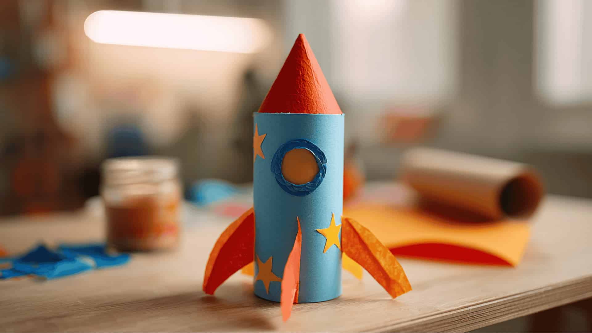 Colorful cardboard roll rocket with paper cone nose and tissue flame tail on desk with paint jars and stickers nearby